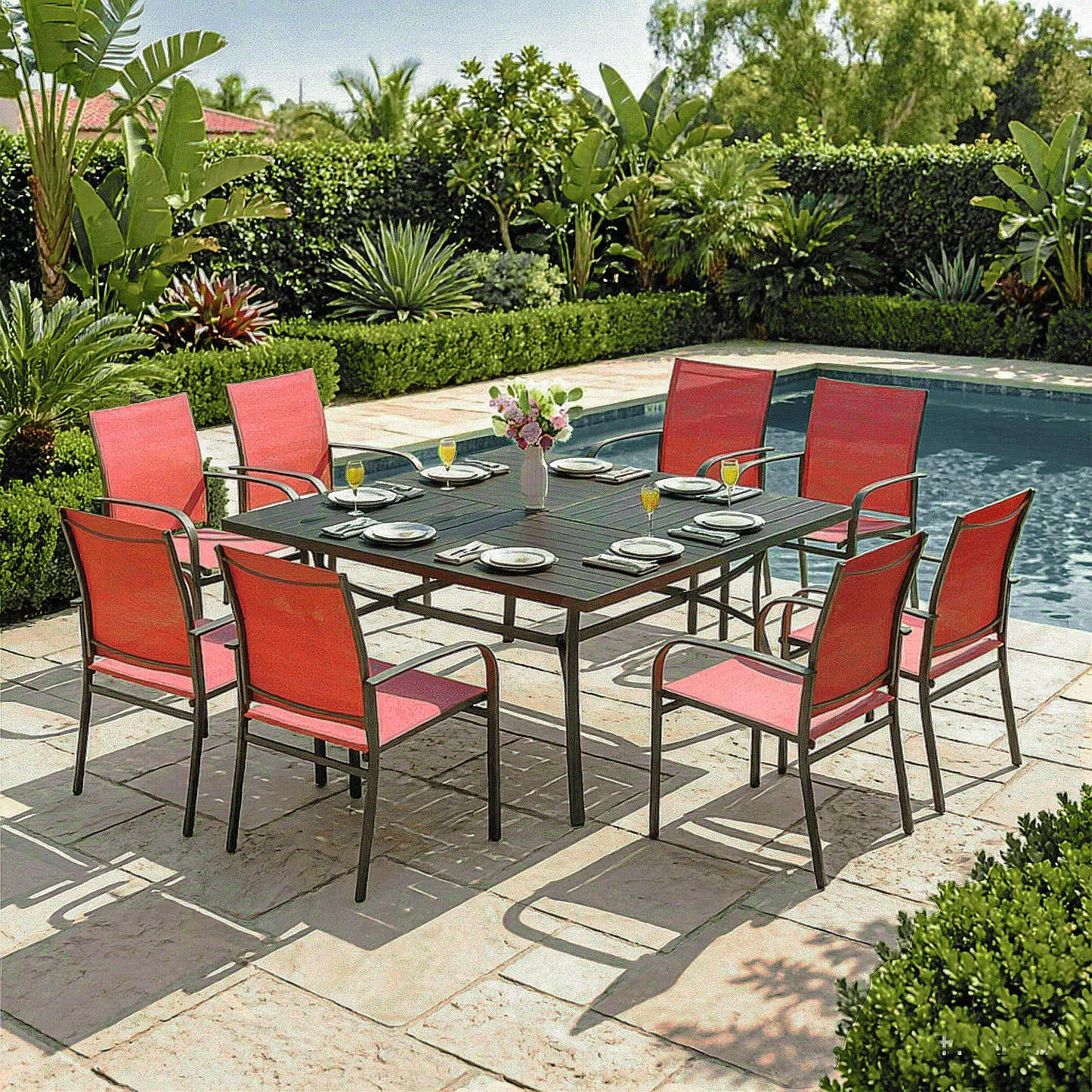 Captiva Designs 9pc Spacious Slat-top Square Metal Table with Umbrella Hole & Sling Fixed Dining Chairs