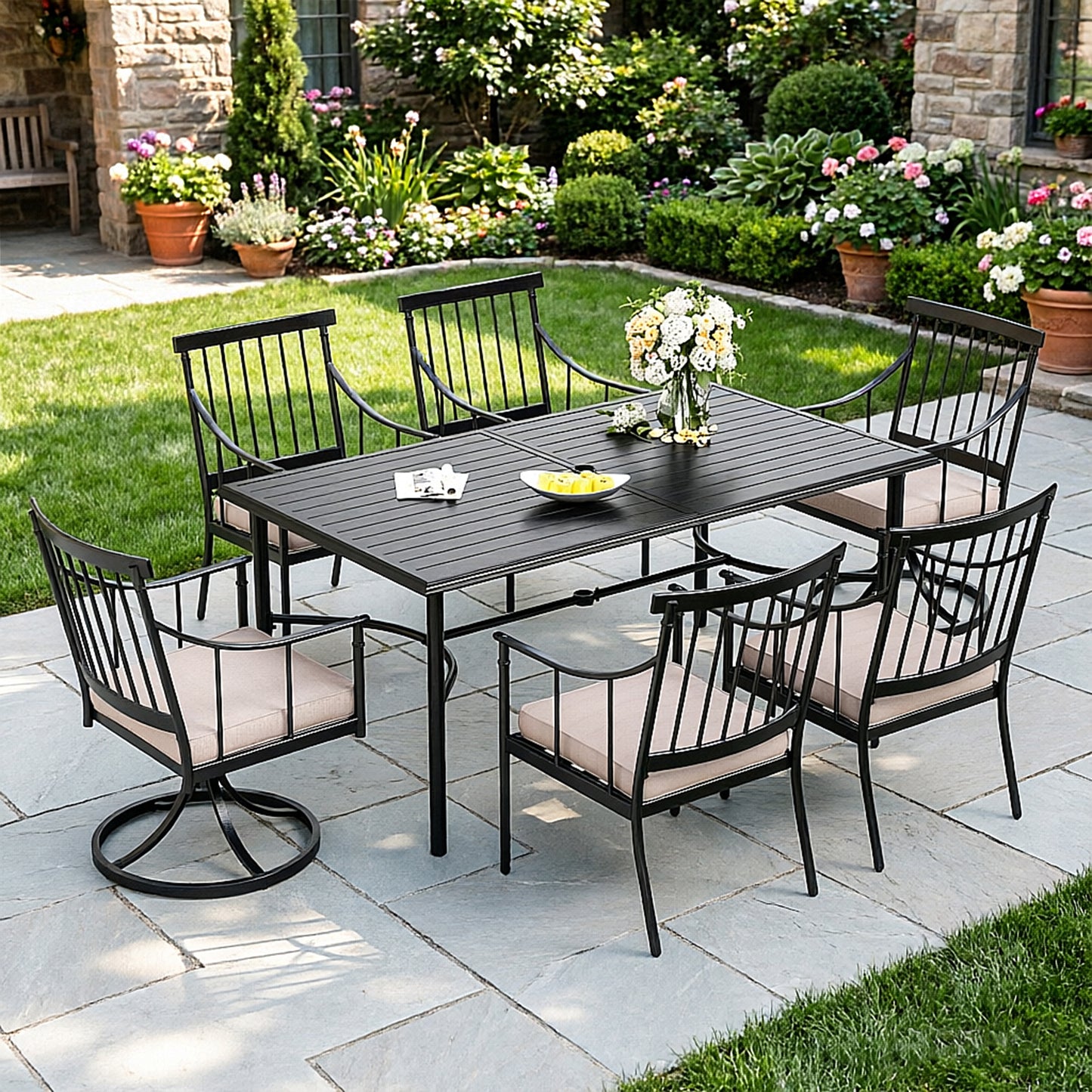 Captiva Designs 7pc Patio Slatted Top Steel Dining Table with Umbrella Hole & Stylish Cushioned Metal Chairs