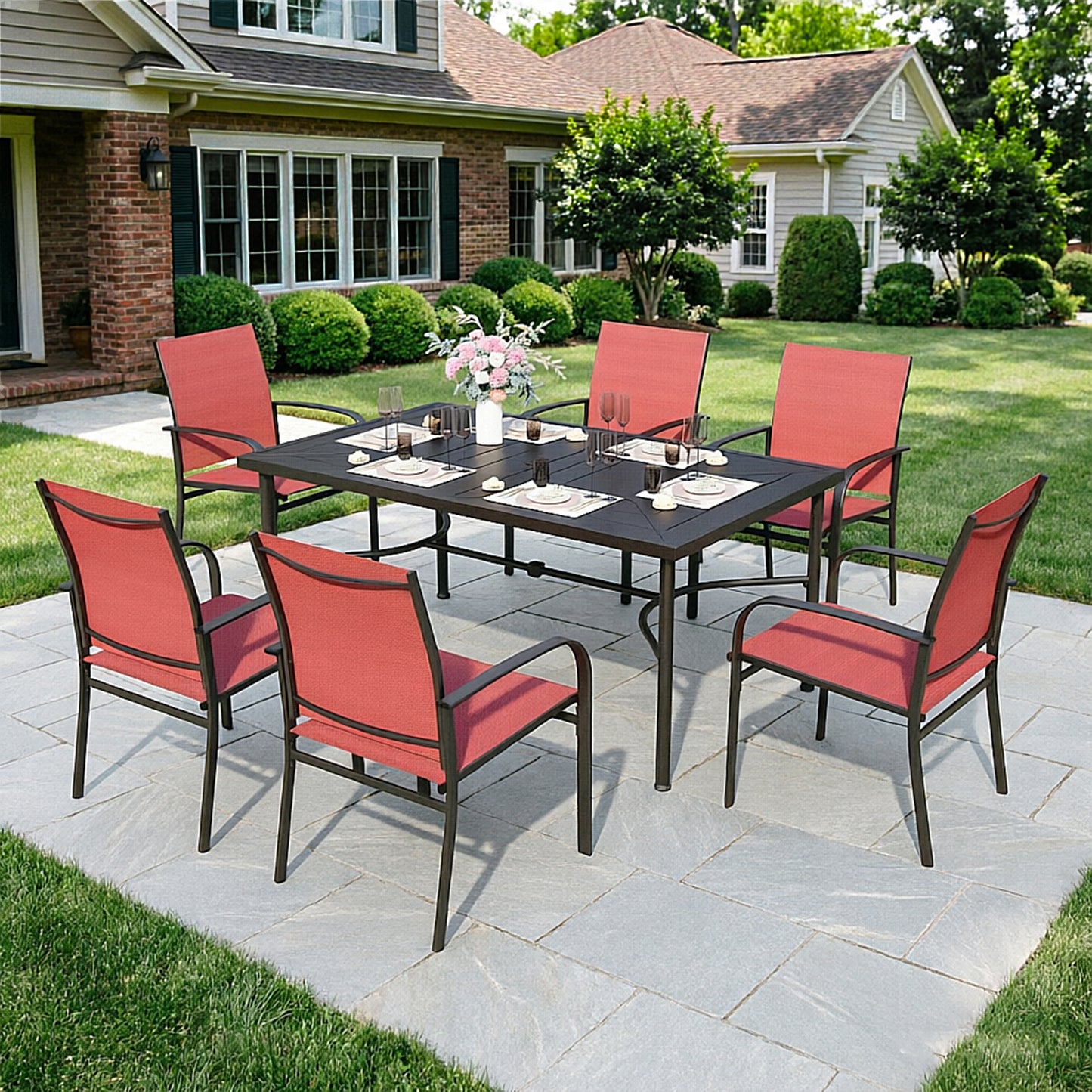 Captiva Designs 7pc Outdoor Patio Geometric Pattern Rectangular Steel Dining Table & Sling Fixed Chairs