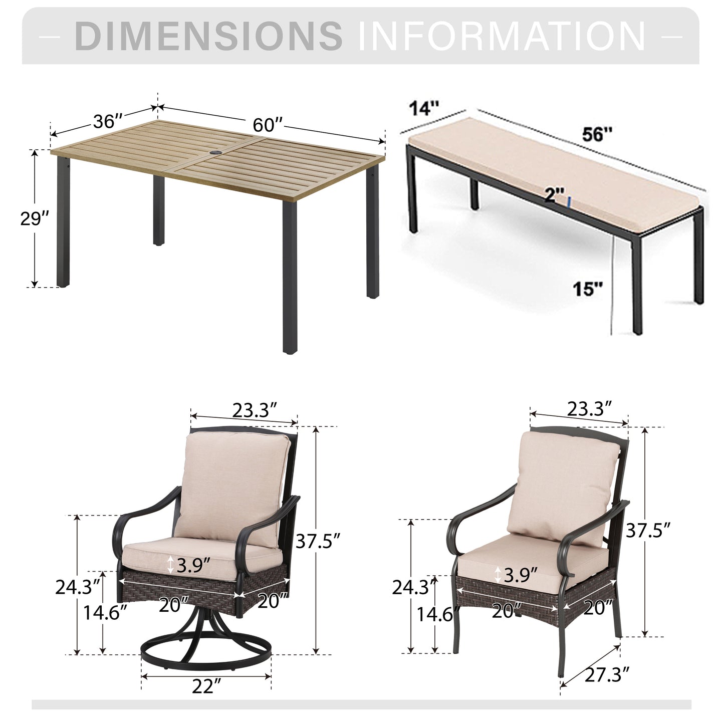 Captiva Designs 7 件套户外棕色木质长方形金属餐桌和藤条金属旋转扶手椅