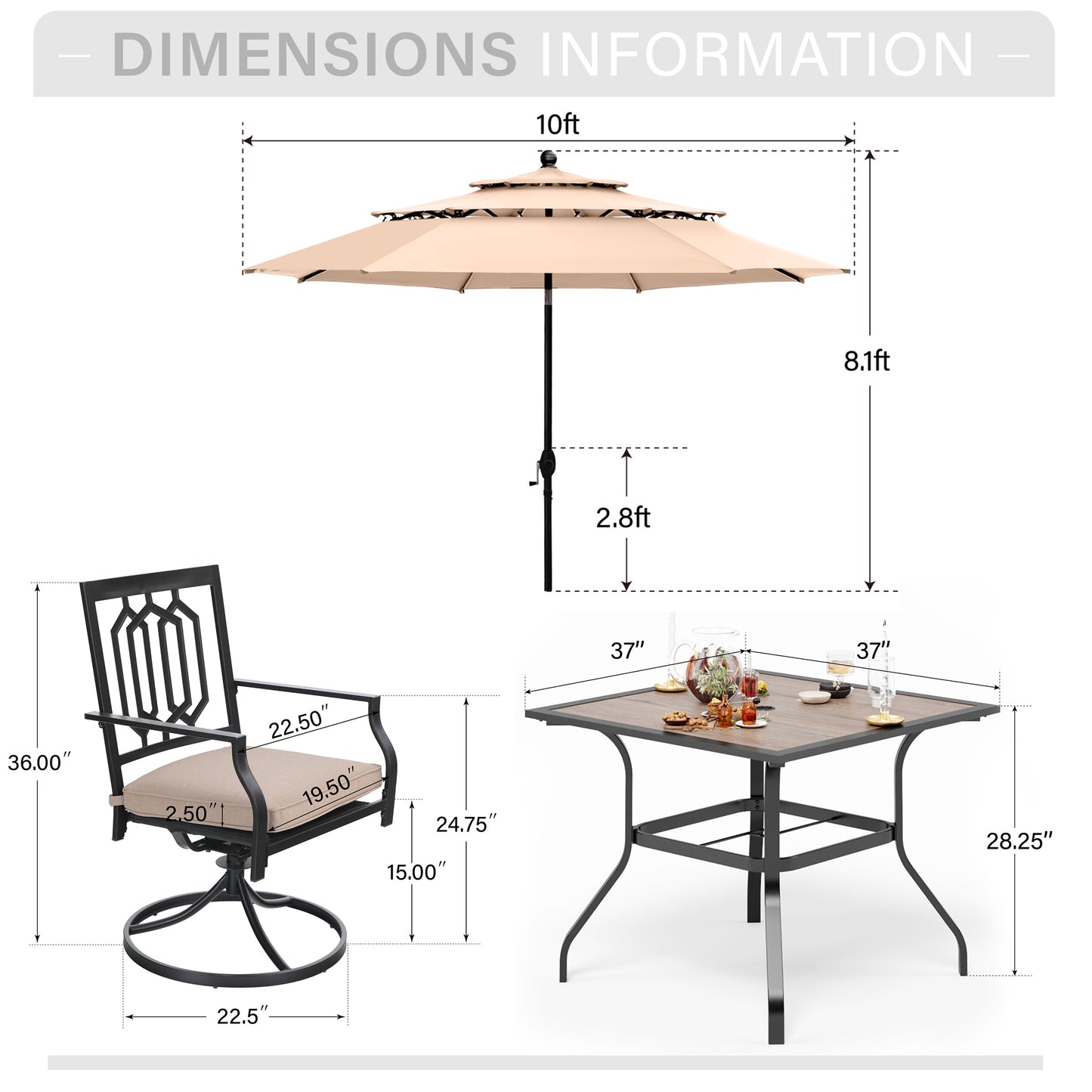 Captiva Designs 6pc Patio Square Table & Fusiform Back Metal Chairs & Beige Umbrella