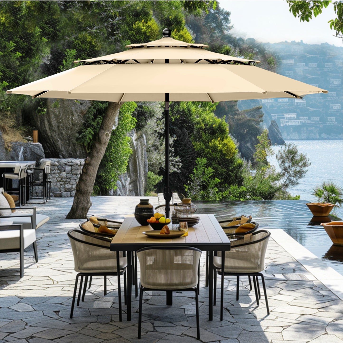 Captiva Designs 6pc Patio Dining Set with Square Steel Frame Table  & Sling Chairs & Market Umbrella