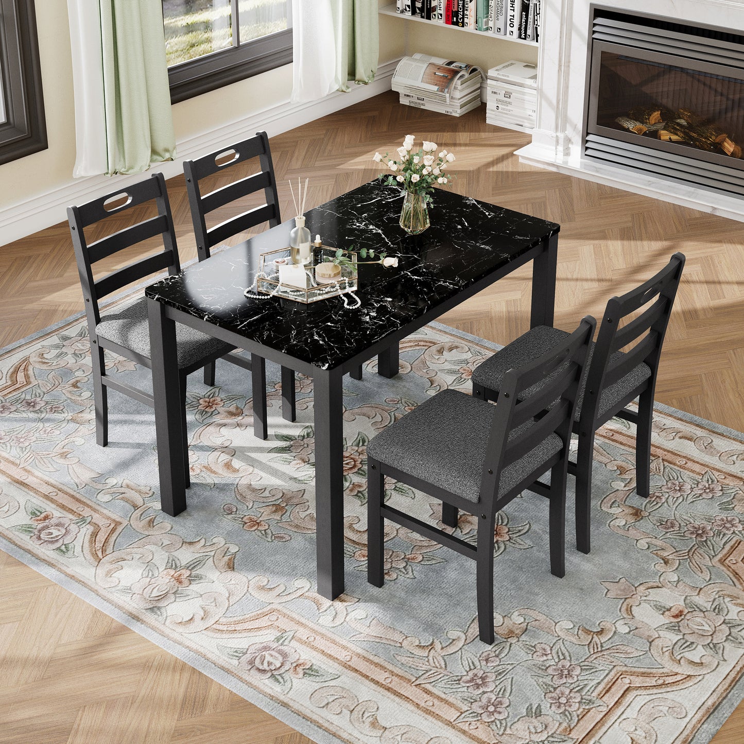 Captiva Designs 5 Pieces Dining Set with Solid Premium Rubberwood Rectangular Table & 4 Comfortable Chairs