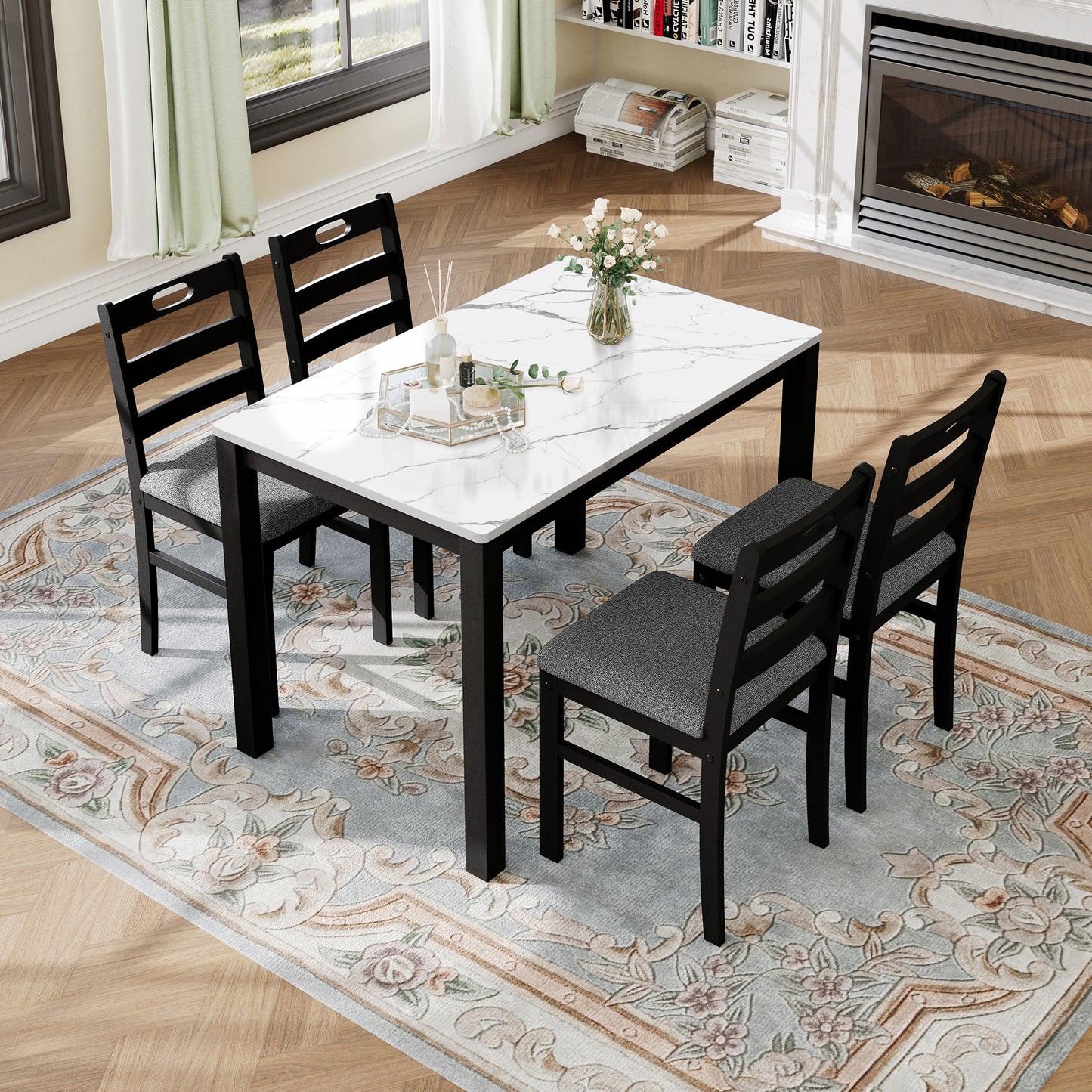 Captiva Designs 5 Pieces Dining Set with Solid Premium Rubberwood Rectangular Table & 4 Comfortable Chairs