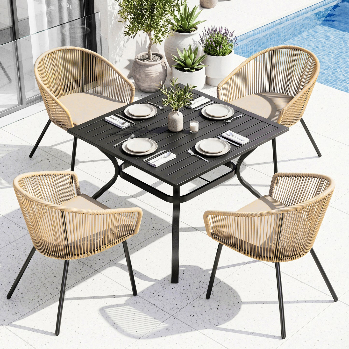Captiva Designs 5pc Patio Dining Table with  X-Shaped Legs & Woven Pull Cord Back with Seat Cushion