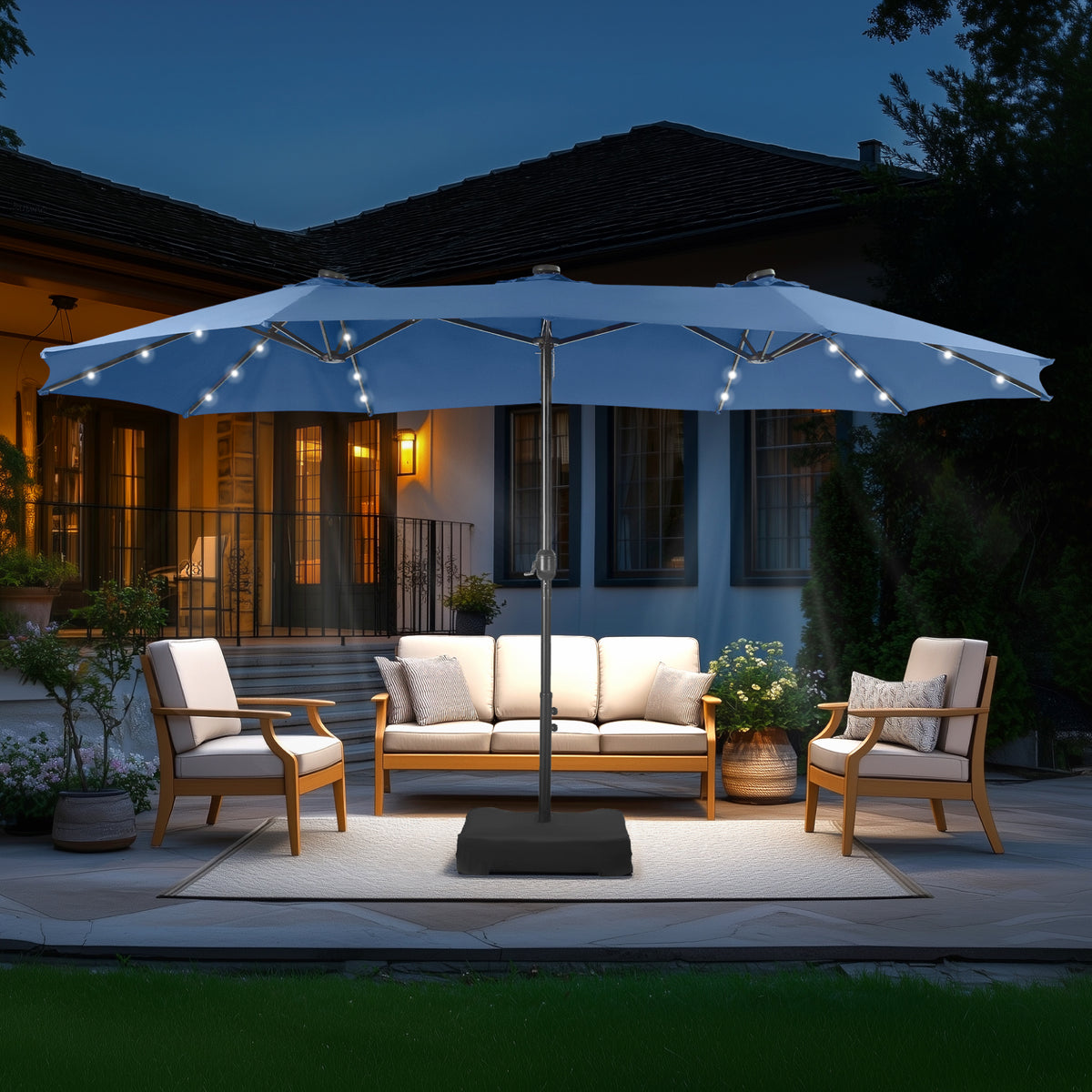 Captiva Designs 15' x 9' 矩形带灯户外露台市场遮阳伞，带超大底座和沙袋