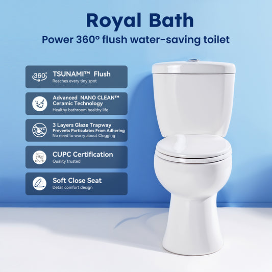 Royal Bath 360° TSUNAMI Flush Two-piece Toilet: 17.3" ADA Height, Nano Self-Cleaning, WaterSense/MAP/CUPC Certified, 0.93/1.27 Gal Dual Flush, Elongated Bowl & Soft-Close Seat,12" Rough-In