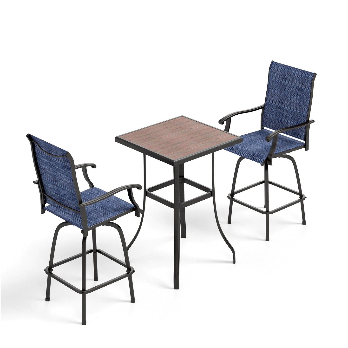 Captiva Designs 3Pc Outdoor Patio Dining Bar Set with Steel Steel Table & Sling Swivel Bar Stools
