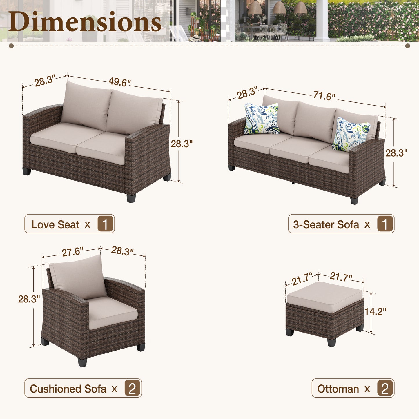 Captiva Designs 6pc Outdoor Patio Wicker Conversation Set with Cushioned Loveseat for Garden Poolside Backyard