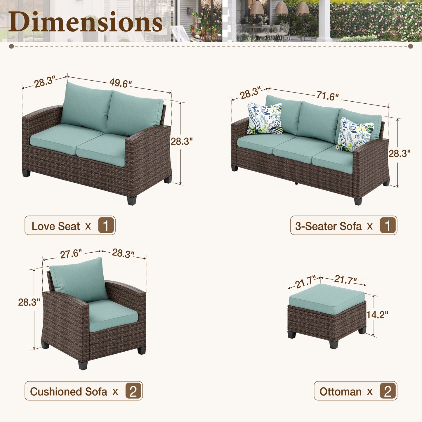 Captiva Designs 6pc Outdoor Patio Wicker Conversation Set with Cushioned Loveseat for Garden Poolside Backyard