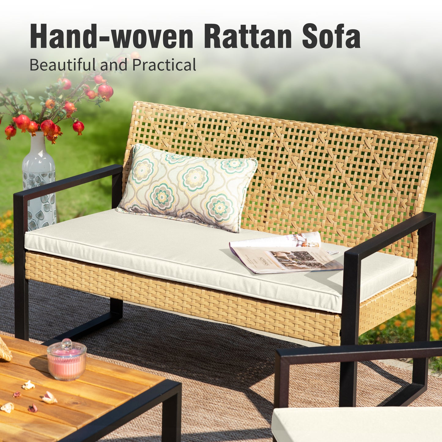 Captiva Designs Outdoor Patio 4 Pieces Wicker Porch Furniture Small Rattan Couch Set with Wood Table for Backyard