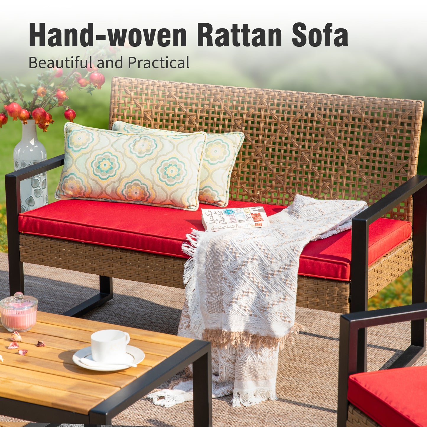 Captiva Designs Outdoor Patio 4 Pieces Wicker Porch Furniture Small Rattan Couch Set with Wood Table for Backyard