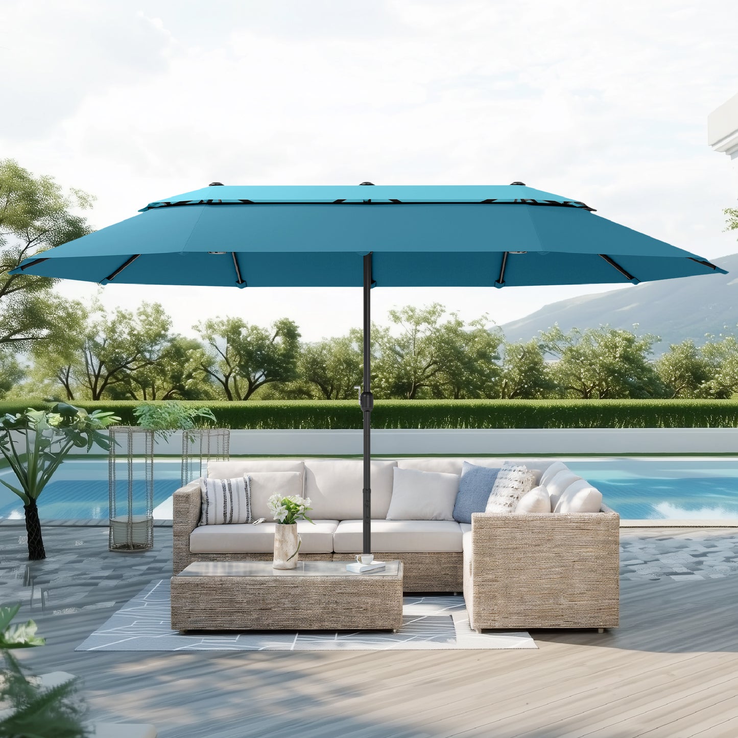 Captiva Designs 15ft Double-Sided Patio Umbrella with Base, Large Rectangular Outdoor Market Umbrella Beige