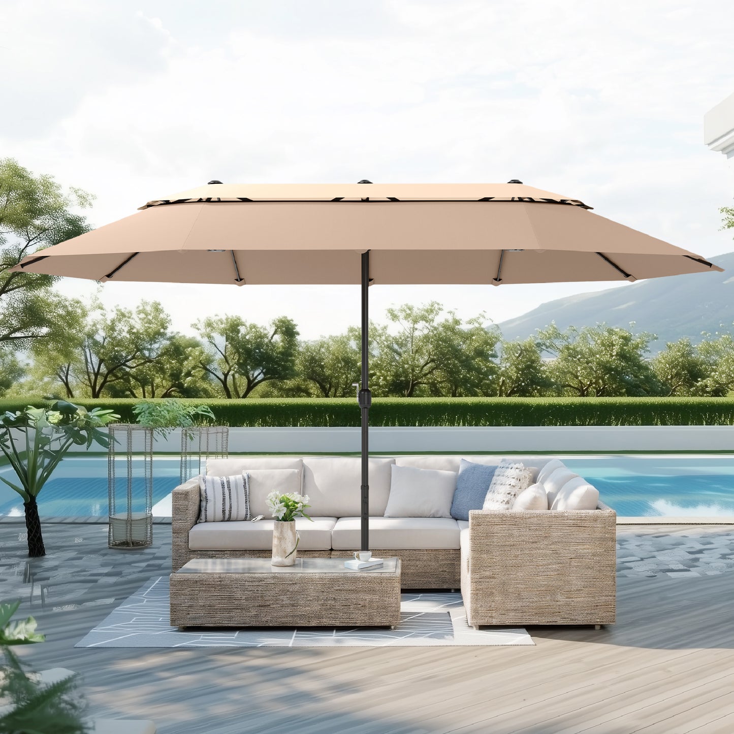Captiva Designs 15ft Double-Sided Patio Umbrella with Base, Large Rectangular Outdoor Market Umbrella Beige