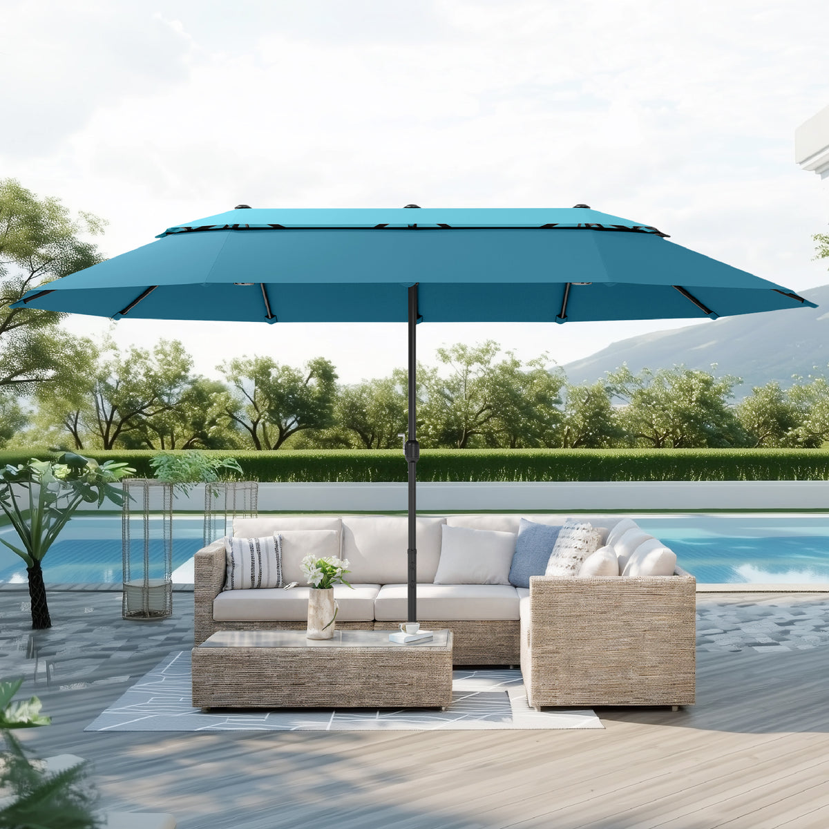 Captiva Designs Vented 2-Tier Rectangular Patio Umbrella with Base, Fade-Resistant Polyester, Crank Lift, Market Umbrella