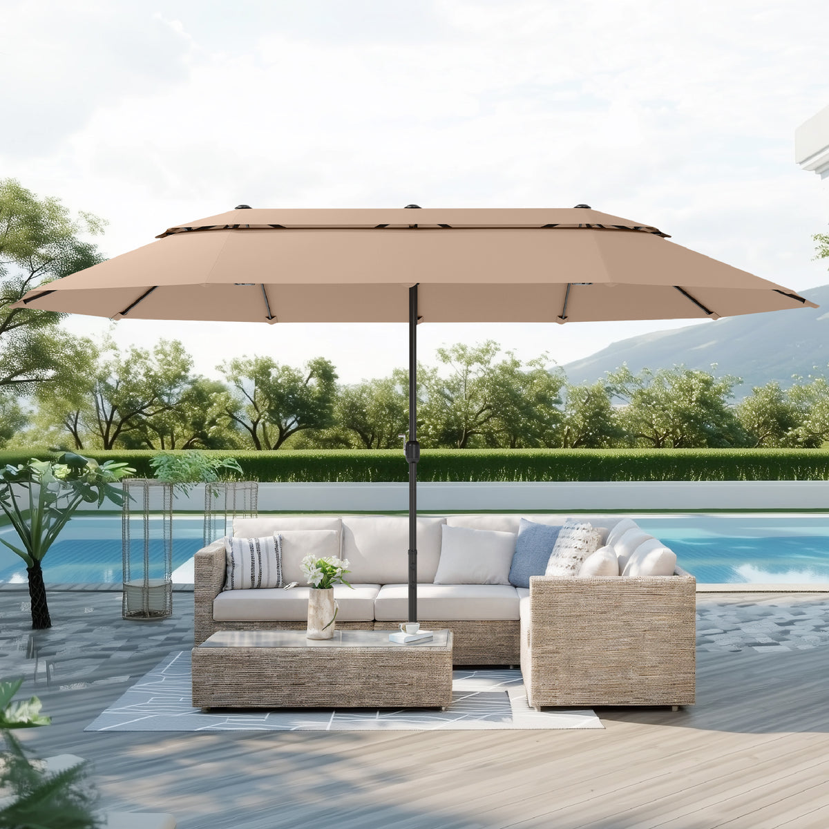 Captiva Designs Vented 2-Tier Rectangular Patio Umbrella with Base, Fade-Resistant Polyester, Crank Lift, Market Umbrella