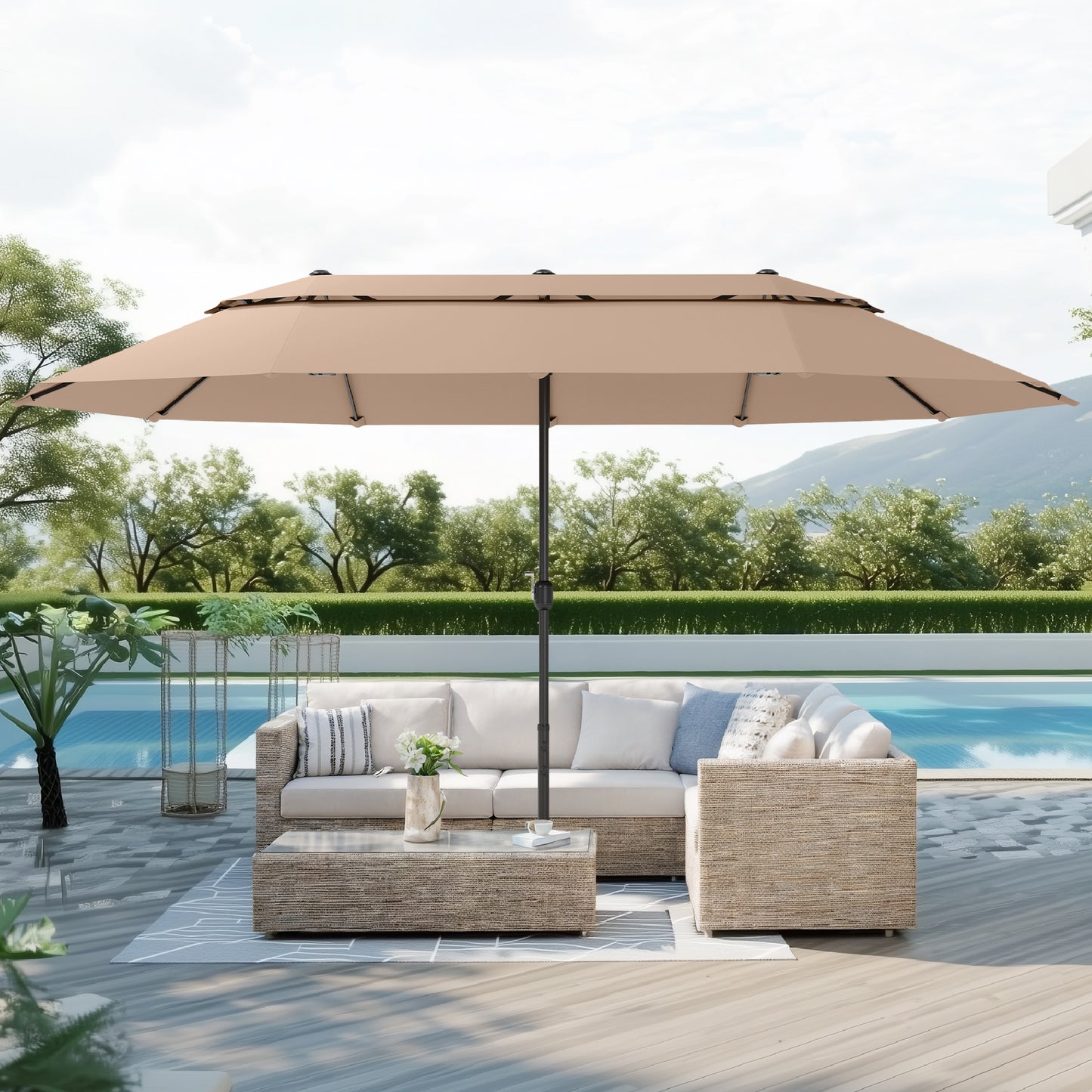 Captiva Designs 15ft Double-Sided Patio Umbrella with Base, Large Rectangular Outdoor Market Umbrella Beige