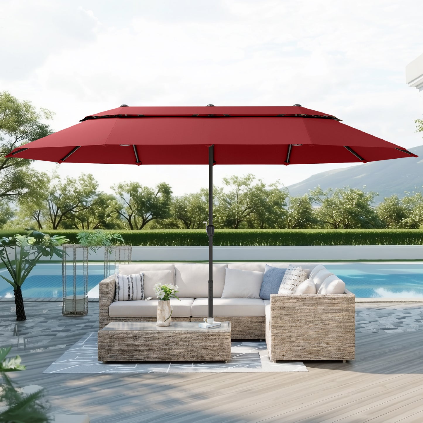 Captiva Designs 15ft Double-Sided Patio Umbrella with Base, Large Rectangular Outdoor Market Umbrella Beige