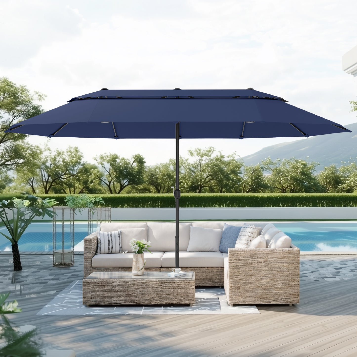 Captiva Designs 15ft Double-Sided Patio Umbrella with Base, Large Rectangular Outdoor Market Umbrella Beige