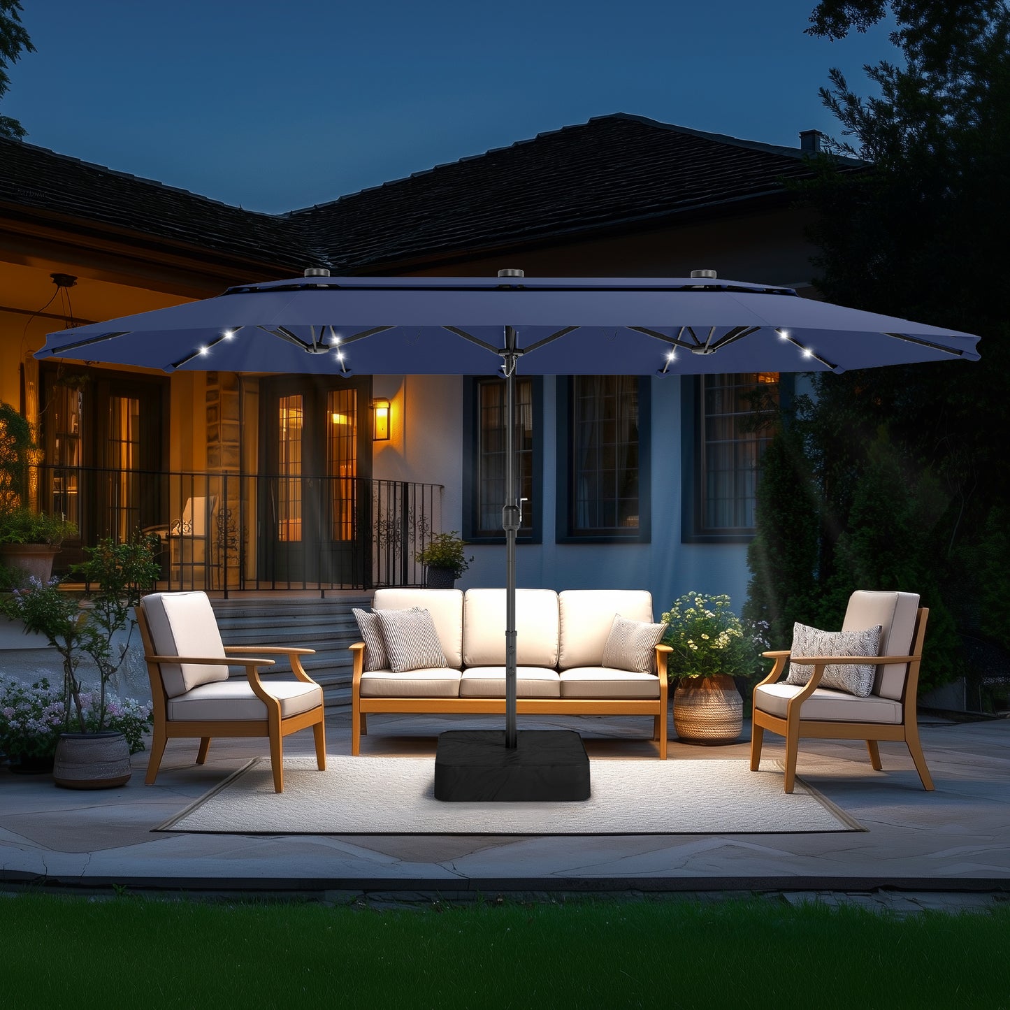 Captiva Designs 15ft Double-Sided Patio Umbrella with Base, Large Rectangular Outdoor Market Umbrella Beige