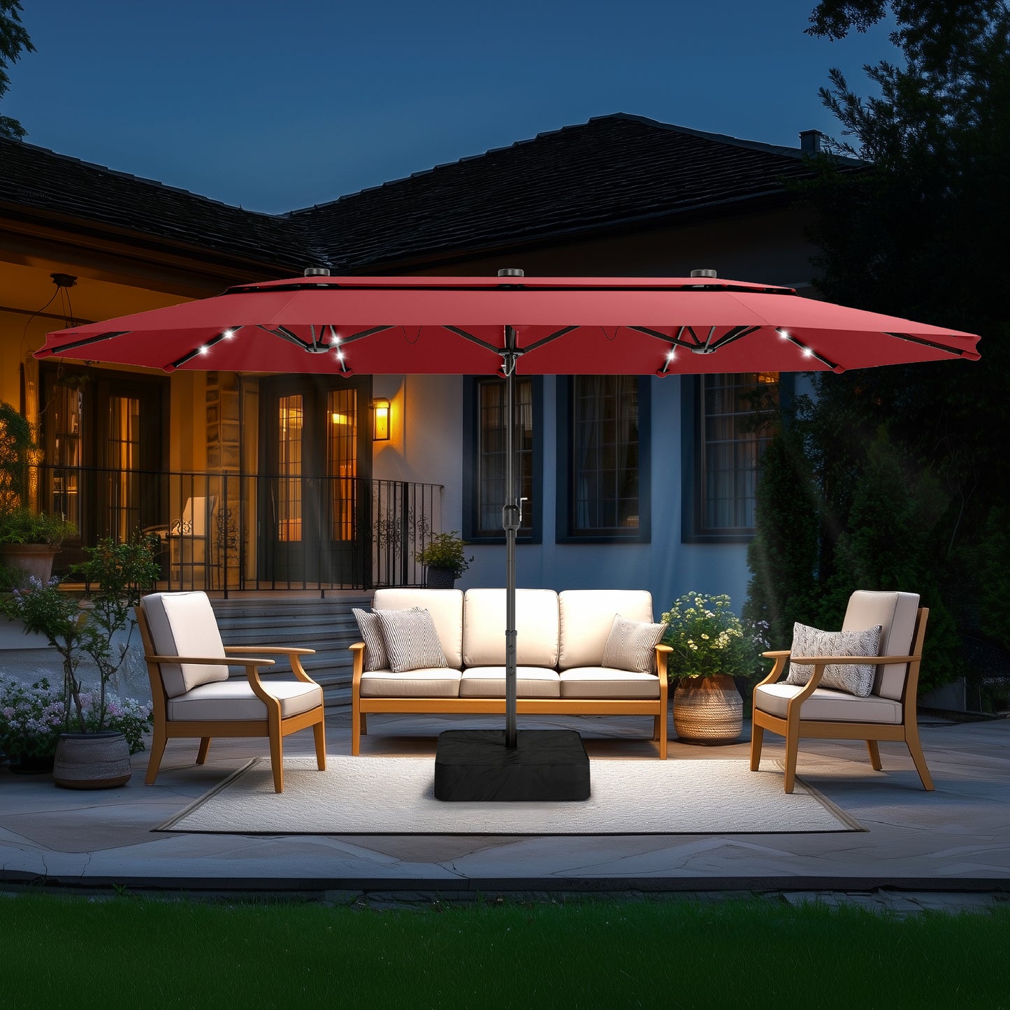 Captiva Designs 15ft Double-Sided Patio Umbrella with Base, Large Rectangular Outdoor Market Umbrella Beige