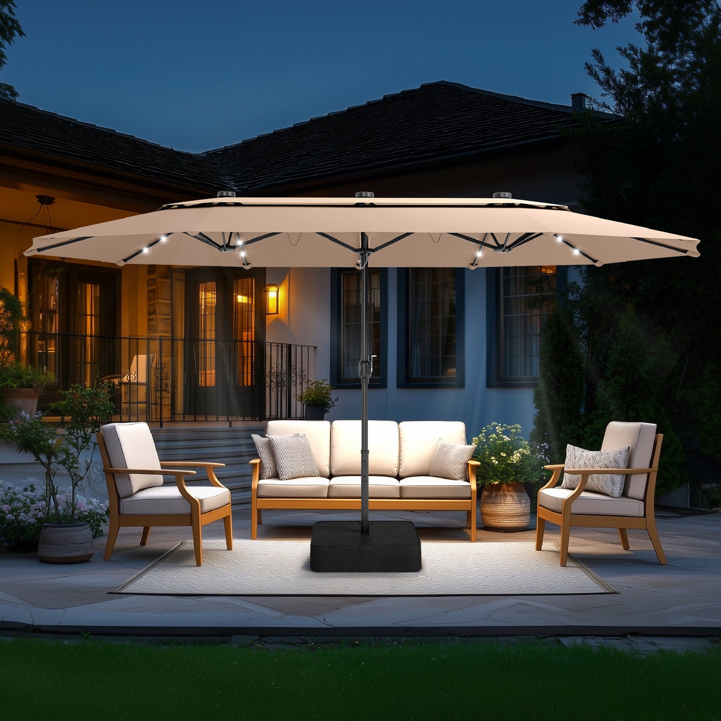 Captiva Designs 15ft Double-Sided Patio Umbrella with Base, Large Rectangular Outdoor Market Umbrella Beige