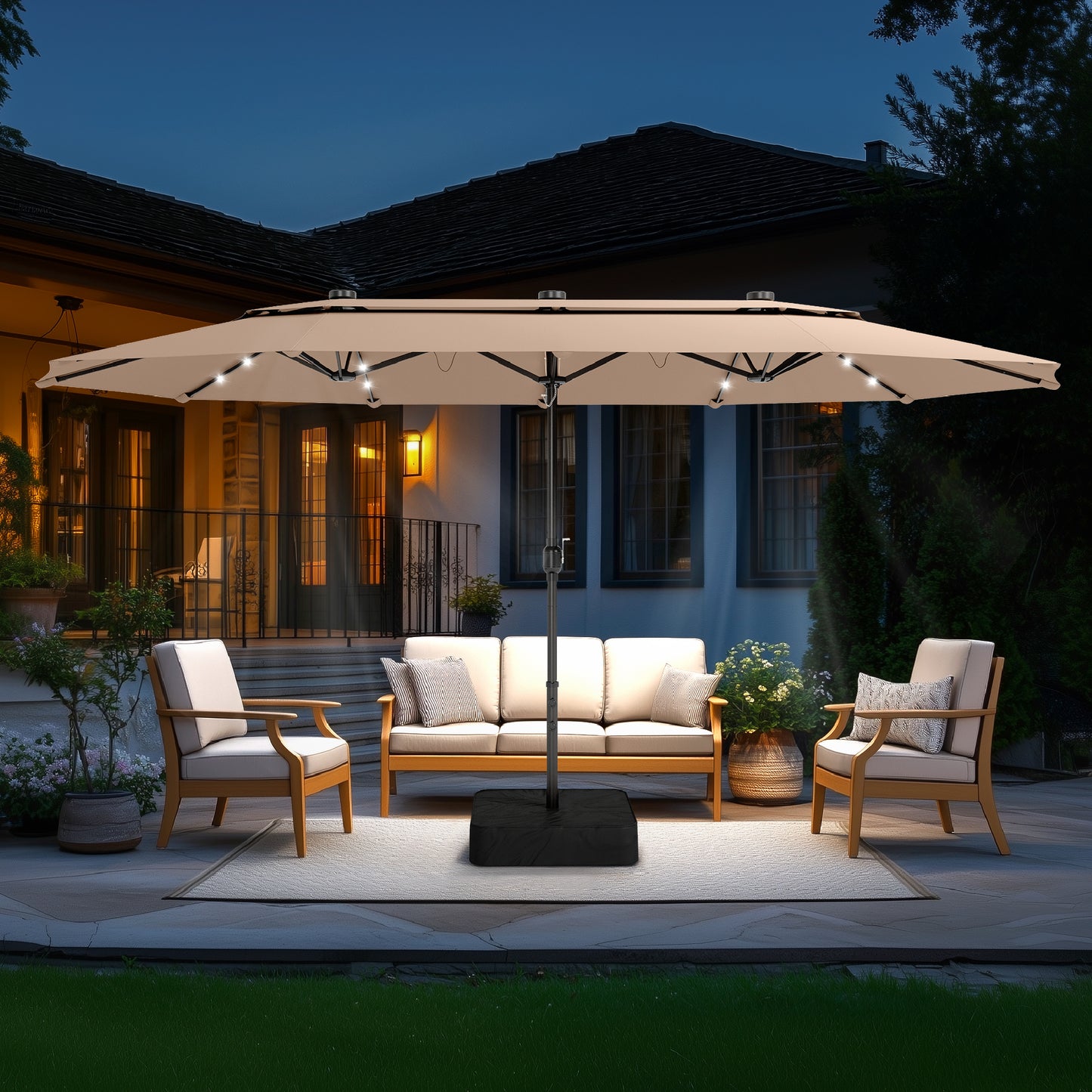 Captiva Designs 15ft Double-Sided Patio Umbrella with Base, Large Rectangular Outdoor Market Umbrella Beige