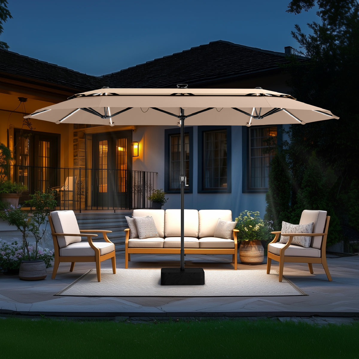 Captiva Designs 13ft Vented 2-Tier Rectangular Patio Umbrella with Base, Fade-Resistant Polyester, Crank Lift, Market Umbrella