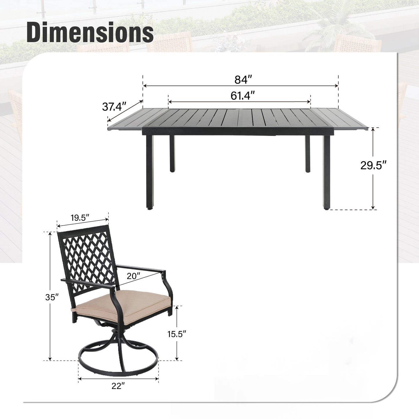 Captiva Designs 7pc Patio Slat-top Rectangle Dining Steel Table & Armrest Metal Chairs
