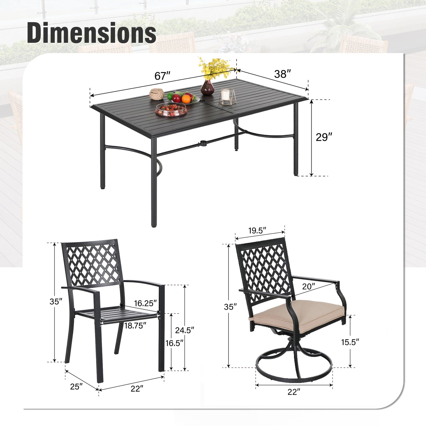 Captiva Designs 7pc Patio Slatted Top Steel Dining Table with Umbrella Hole & Stylish Back Metal Chairs