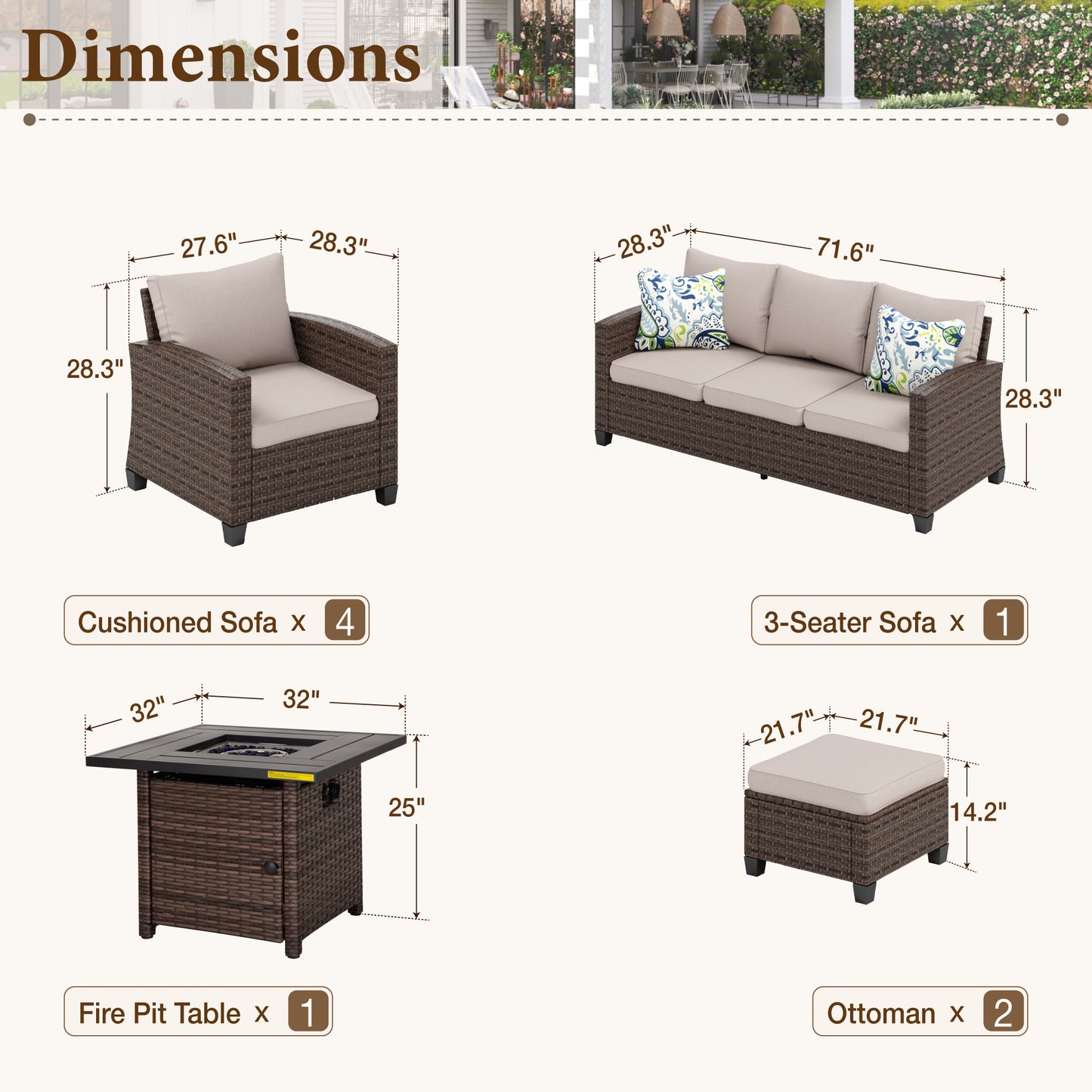 Captiva Designs 8pc Outdoor Patio Wicker Rattan Cushioned Fire Pit Set with Ottomans and Single Sofas