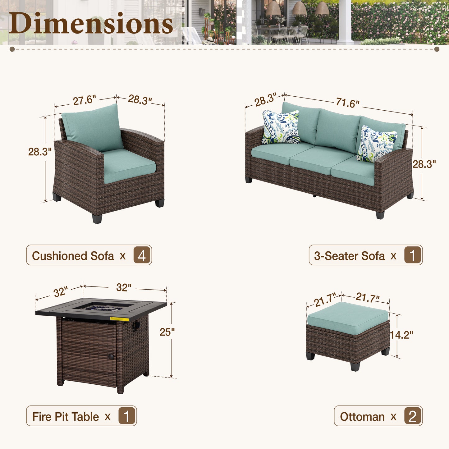 Captiva Designs 8pc Outdoor Patio Wicker Rattan Cushioned Fire Pit Set with Ottomans and Single Sofas