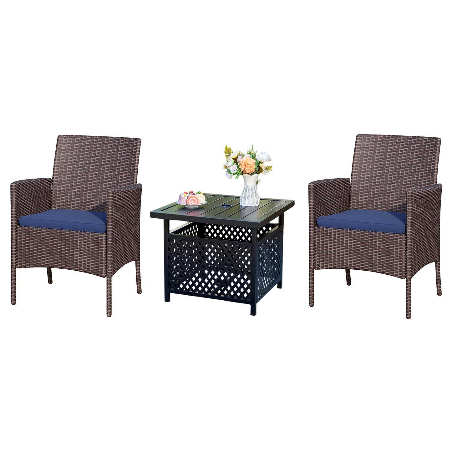 Captiva Designs 3pc Outdoor Patio Slatted Tabletop Square Dining Steel Table & Arm Chairs