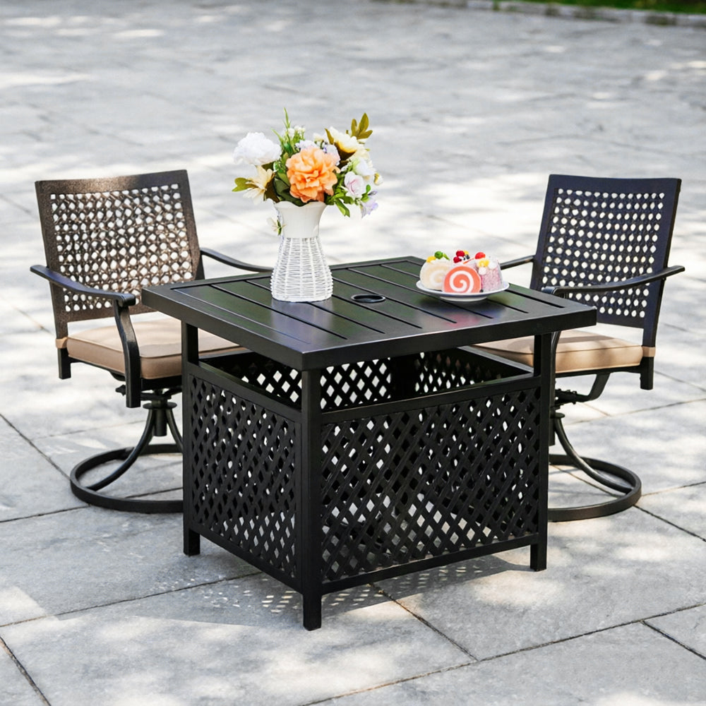 Captiva Designs 3pc Outdoor Patio Slatted Tabletop Square Dining Steel Table & Arm Chairs