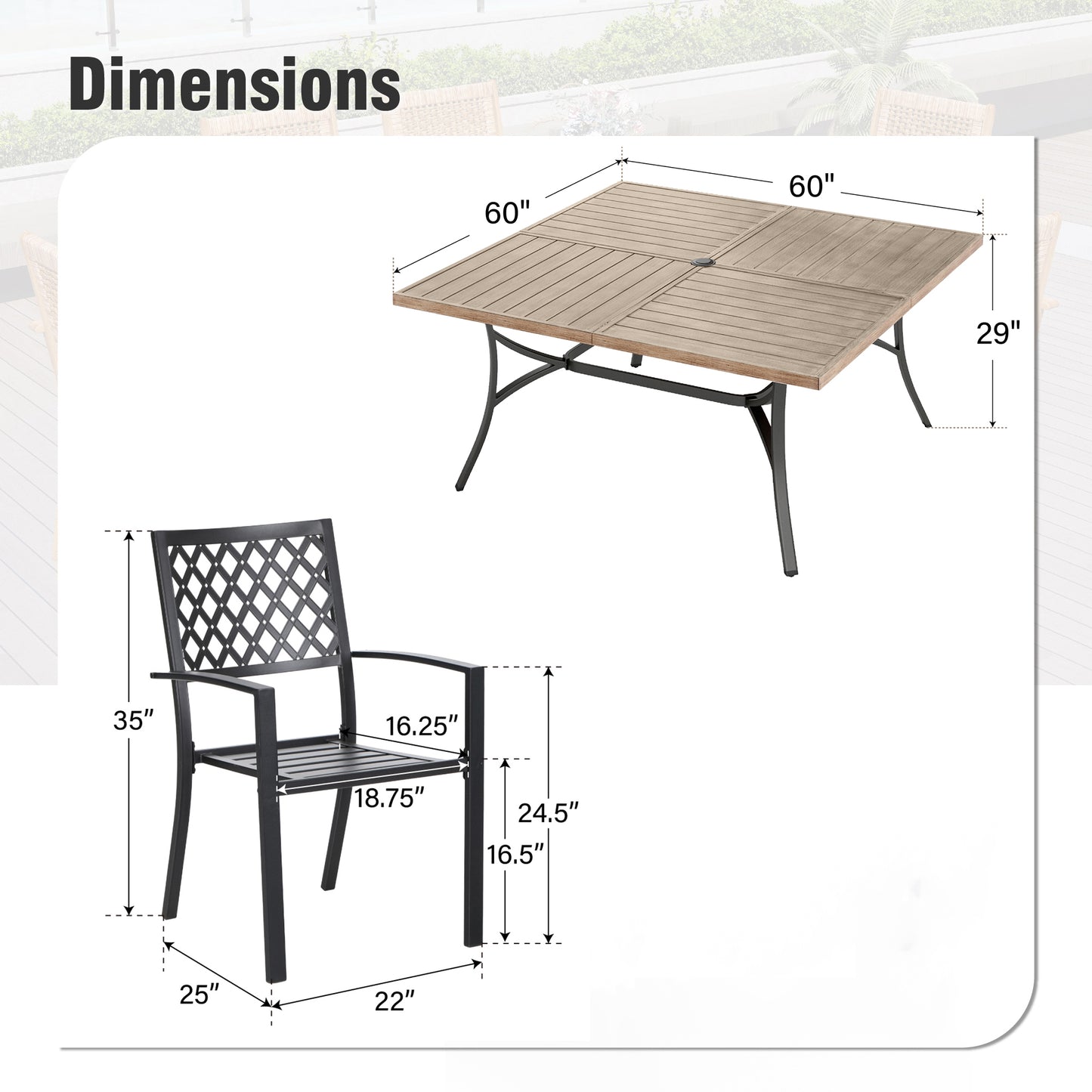 Captiva Designs 9pc Spacious Slat-top Square Metal Table with Umbrella Hole & Metal Stackable Chairs with Perforated Back