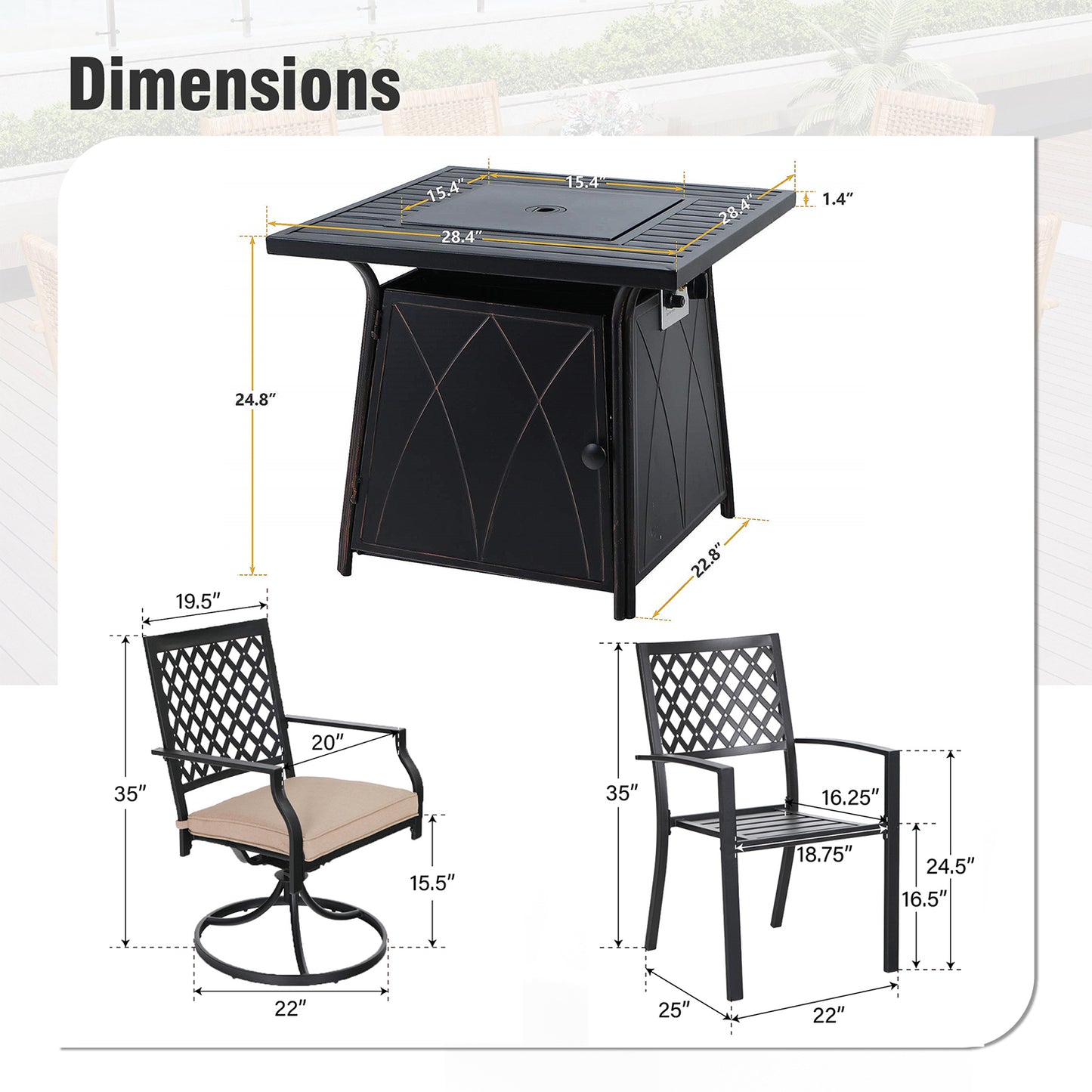 Captiva Designs 5pc Outdoor Patio Dining Set with Square Steel Table & Metal Armrest Chairs