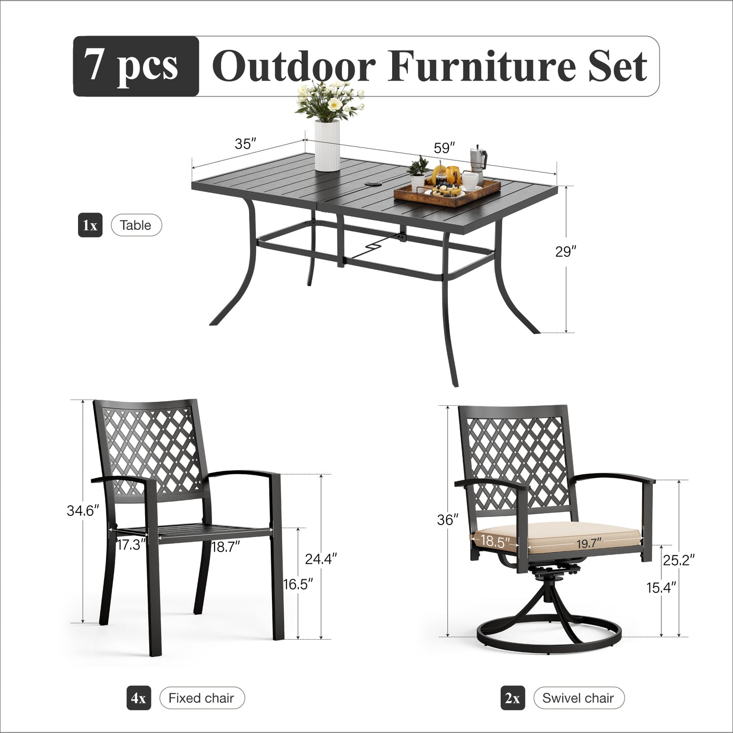 Captiva Designs 7 件套露台餐桌椅套装，配有带顶板的矩形桌子、可叠放的固定椅子和旋转钢椅