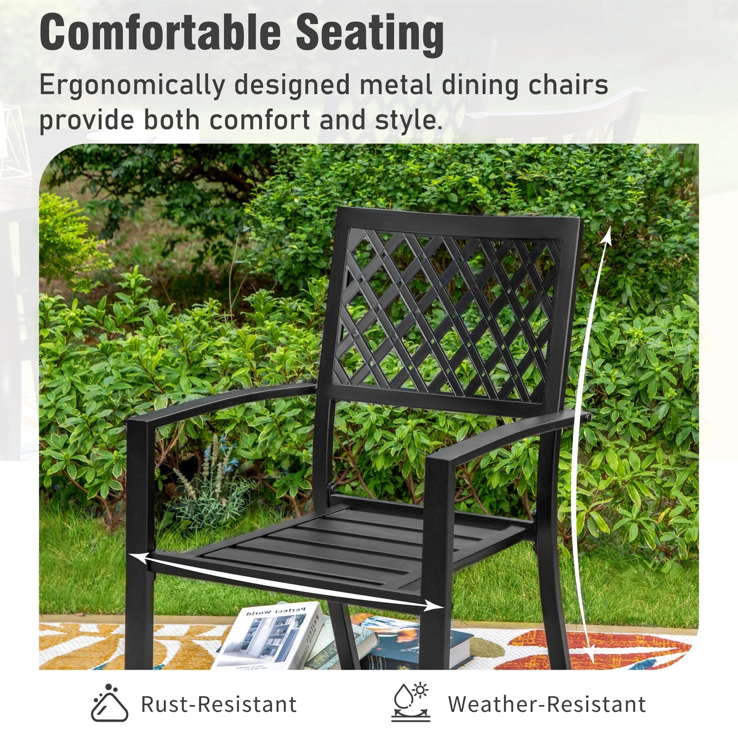 Captiva Designs 5pc Outdoor Steel Slat-top Round Dining Table & Metal Chairs with Stylish Back