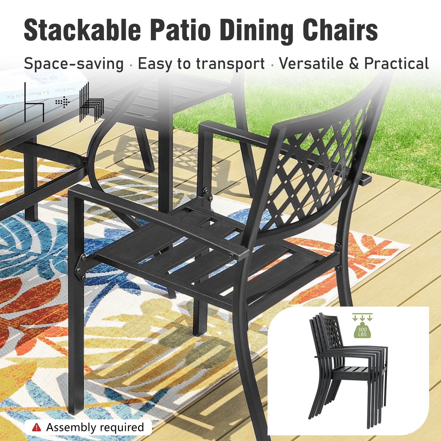 Captiva Designs 7pc Patio Slatted Top Steel Dining Table with Umbrella Hole & Stylish Back Metal Chairs