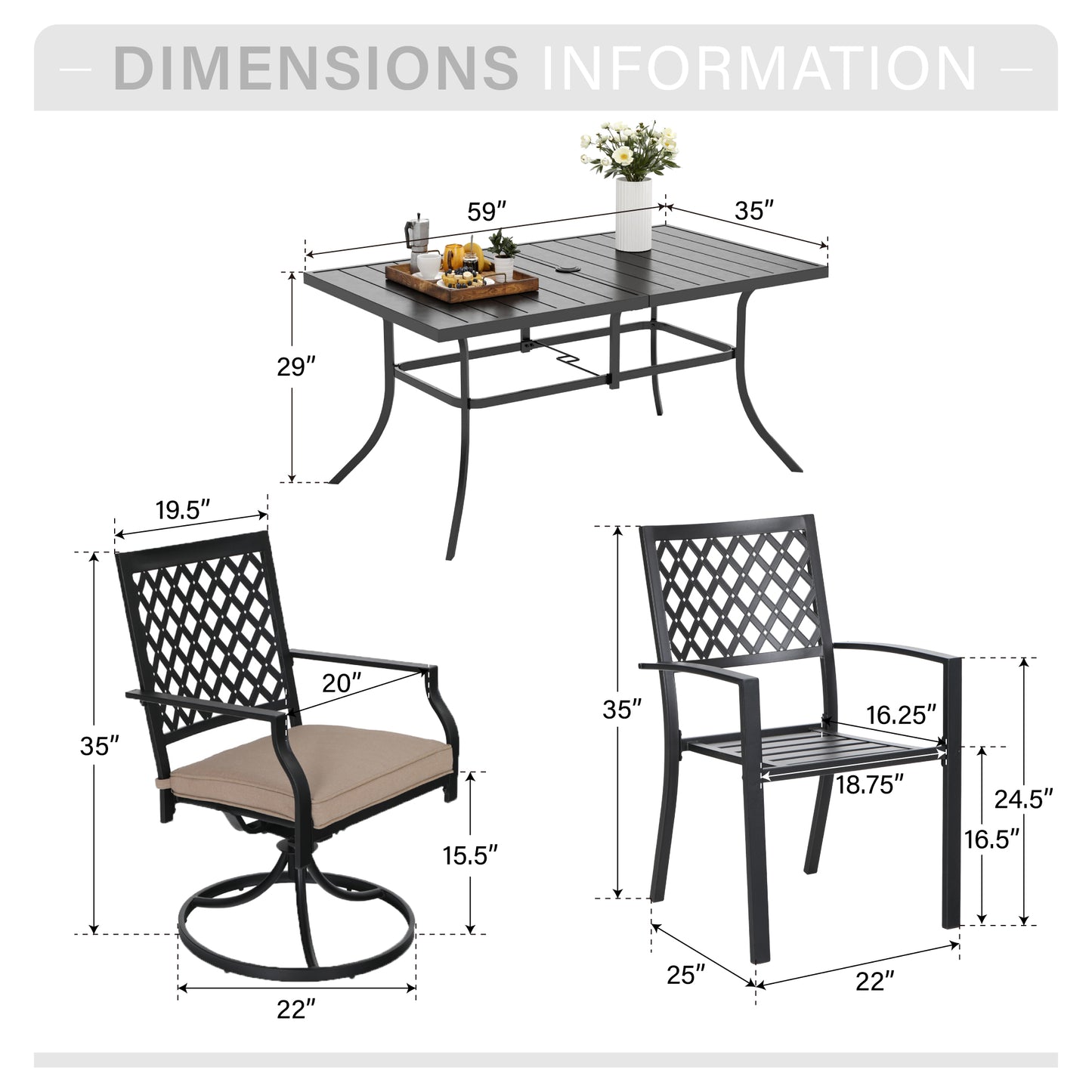 Captiva Designs 7pc Patio Dining Set with Slat-top Rectangle Steel Table & Metal Chairs