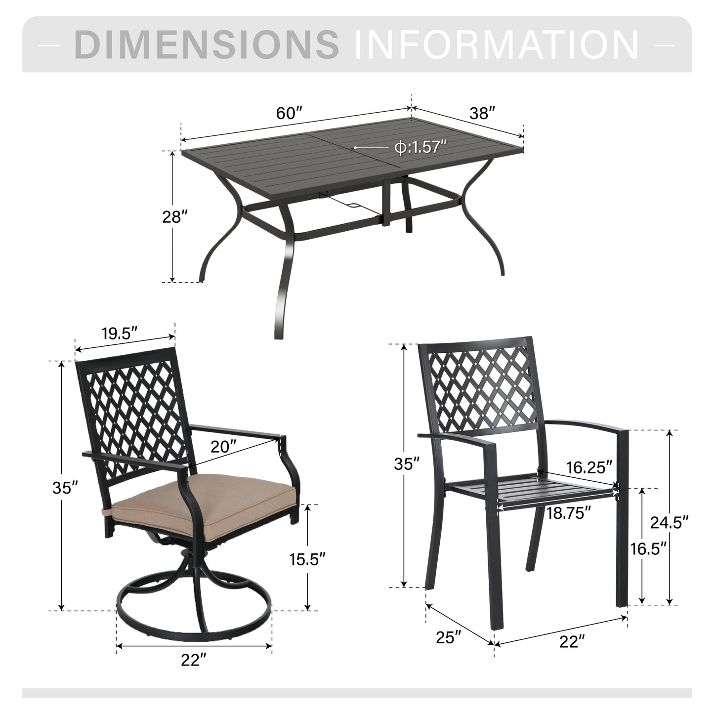 Captiva Designs 7pc Patio Dining Set with Slat-top Rectangle Steel Table & Metal Chairs
