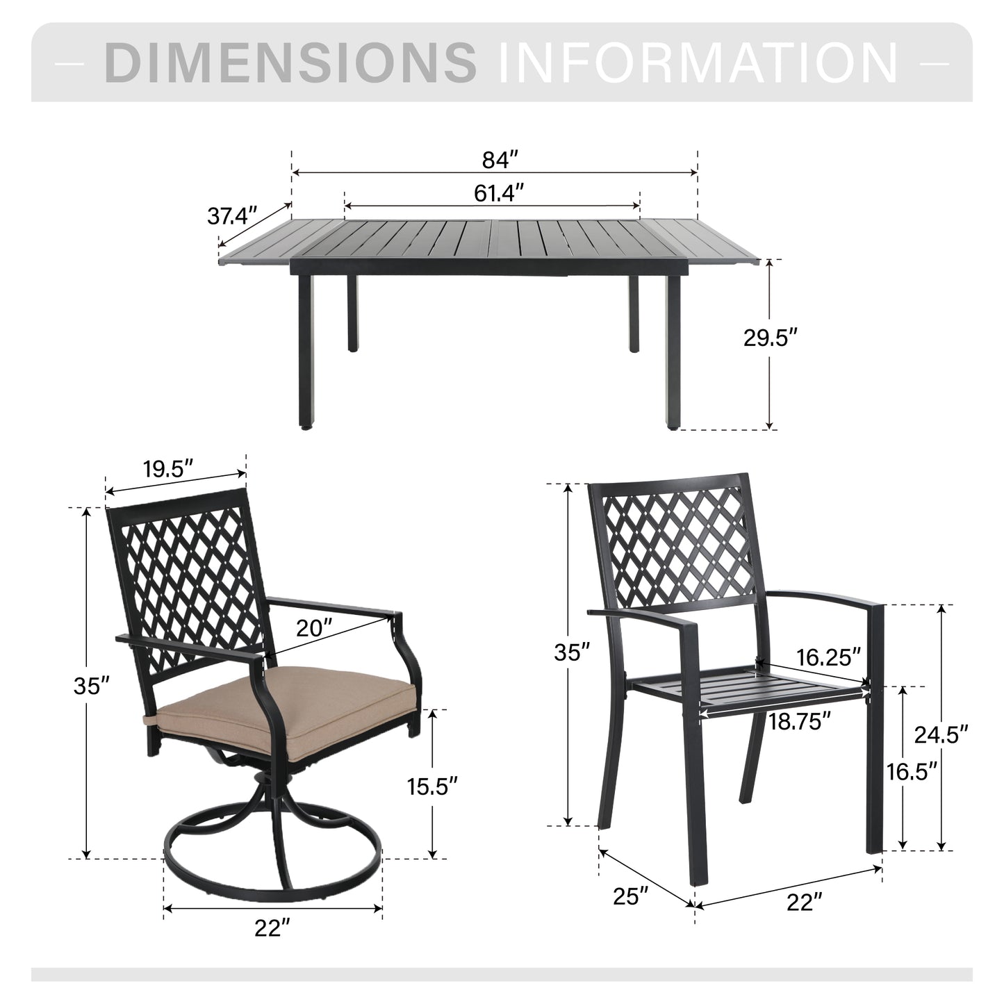 Captiva Designs 7pc Patio Dining Slat-top Expandable Rectangle Steel Table & Stylish Back Metal Chairs