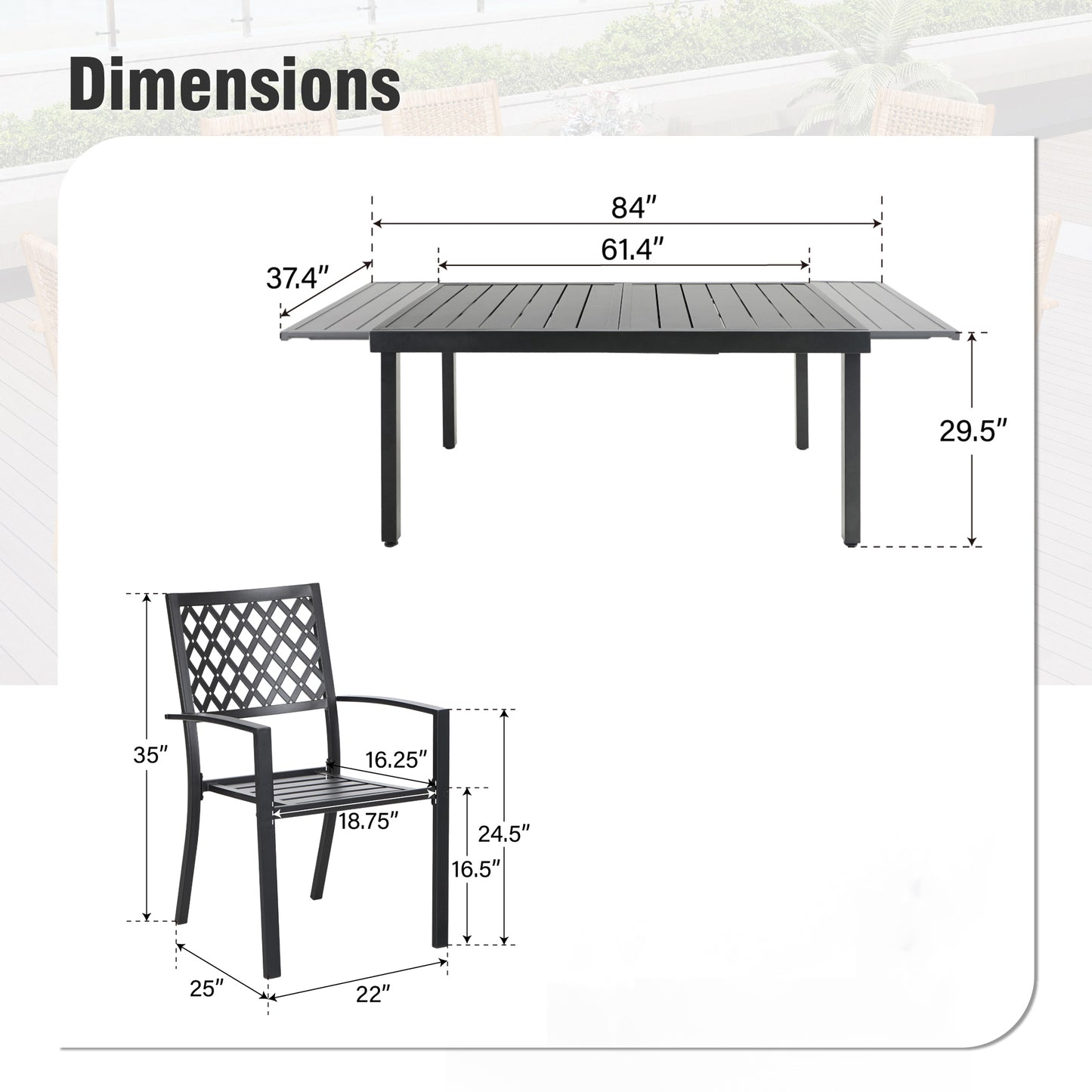 Captiva Designs 7pc Patio Slat-top Rectangle Dining Steel Table & Armrest Metal Chairs