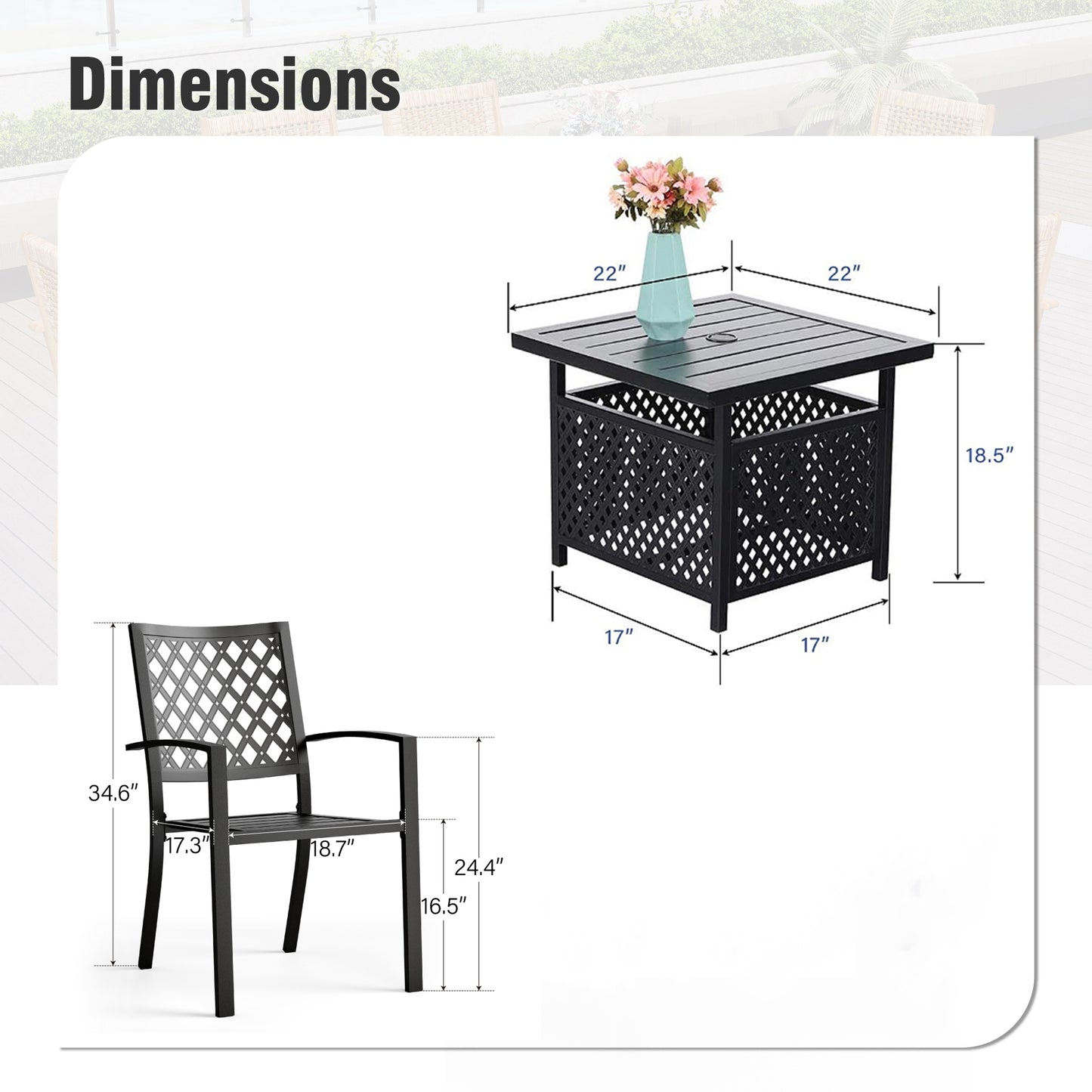 Captiva Designs 3pc Outdoor Patio Slatted Tabletop Square Dining Steel Table & Arm Chairs
