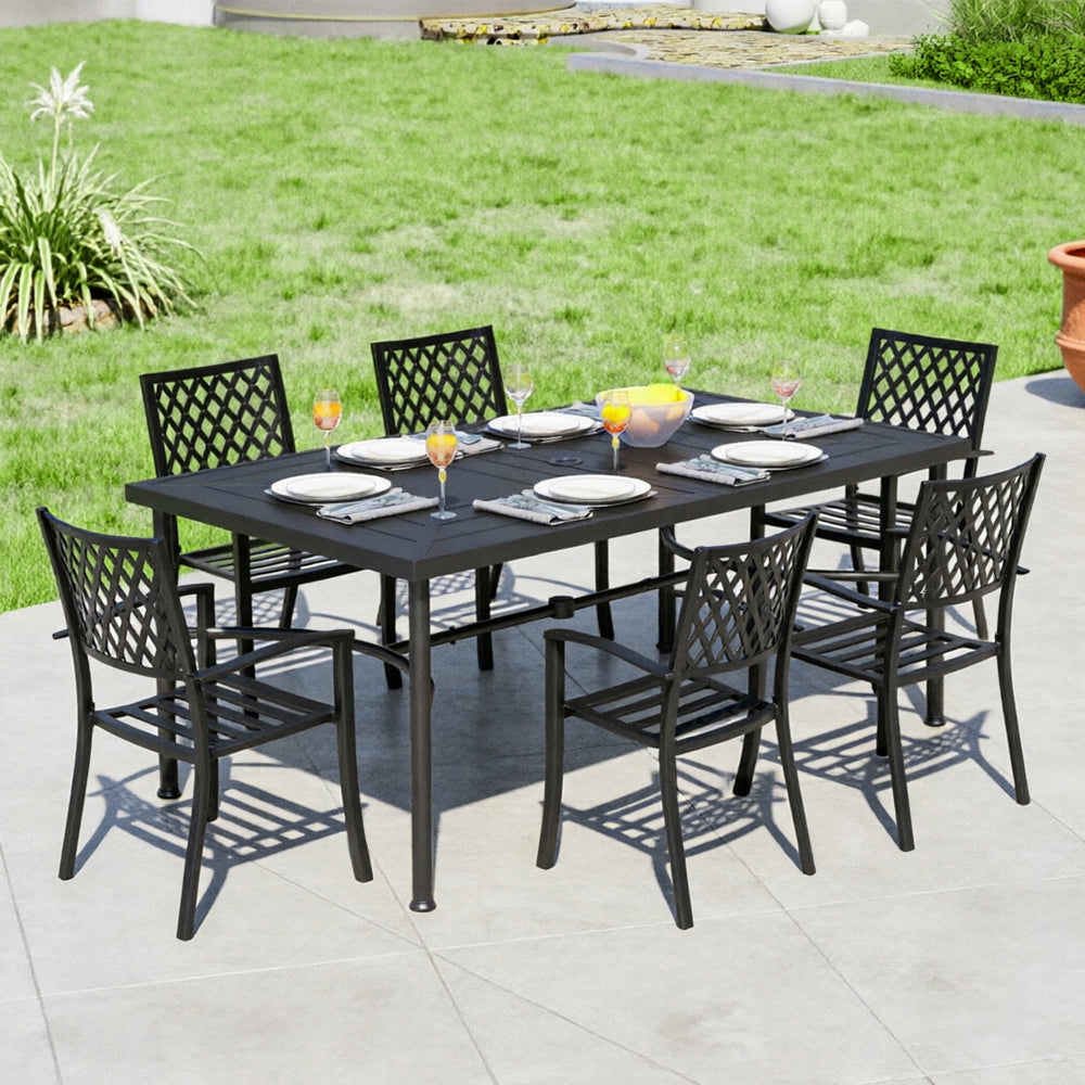 Captiva Designs 7pc Patio Dining Geometric Pattern Rectangular Steel Table & Mesh Back Metal Arm Chairs