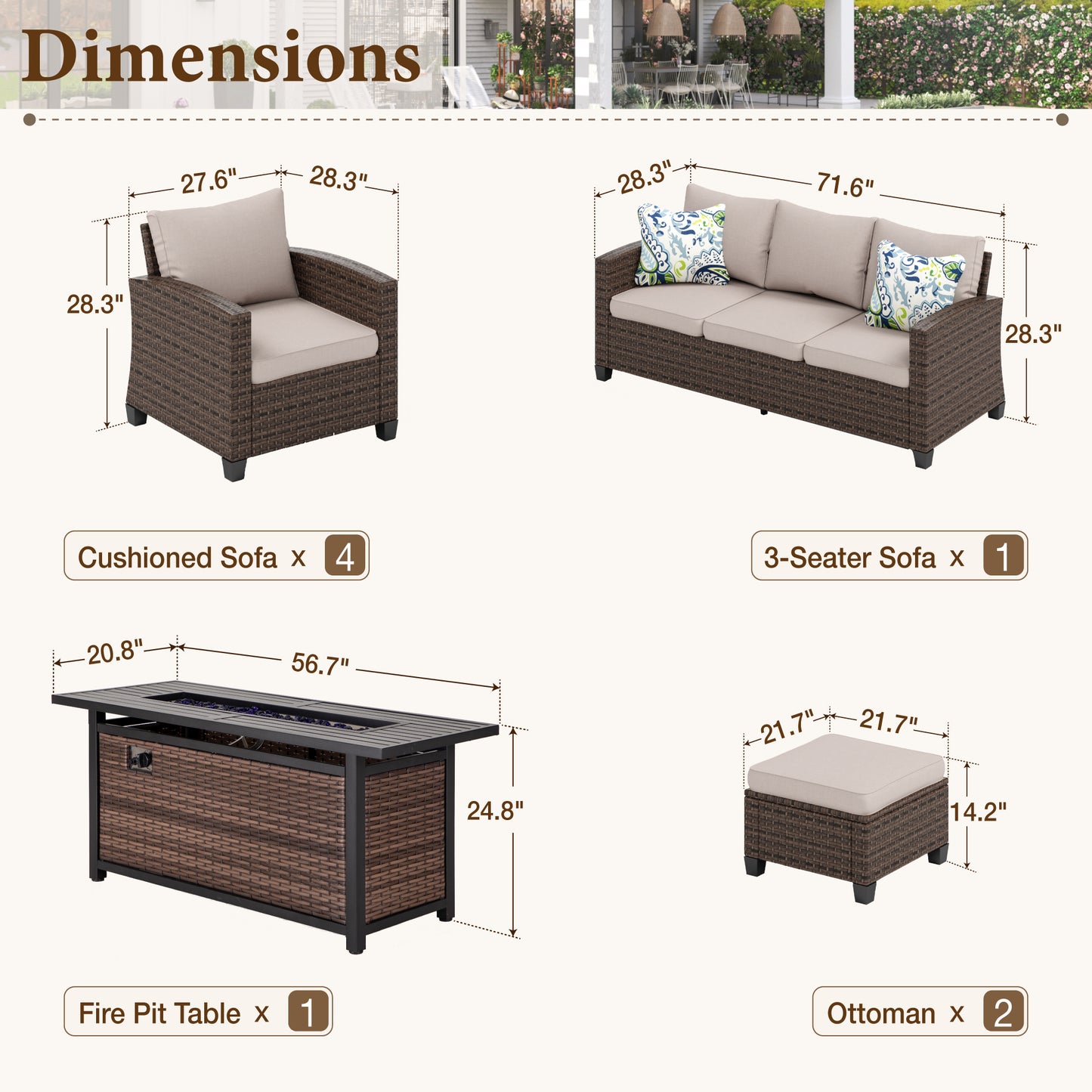 Captiva Designs 8pc Outdoor Patio Wicker Rattan Cushioned Fire Pit Set with Ottomans and Single Sofas