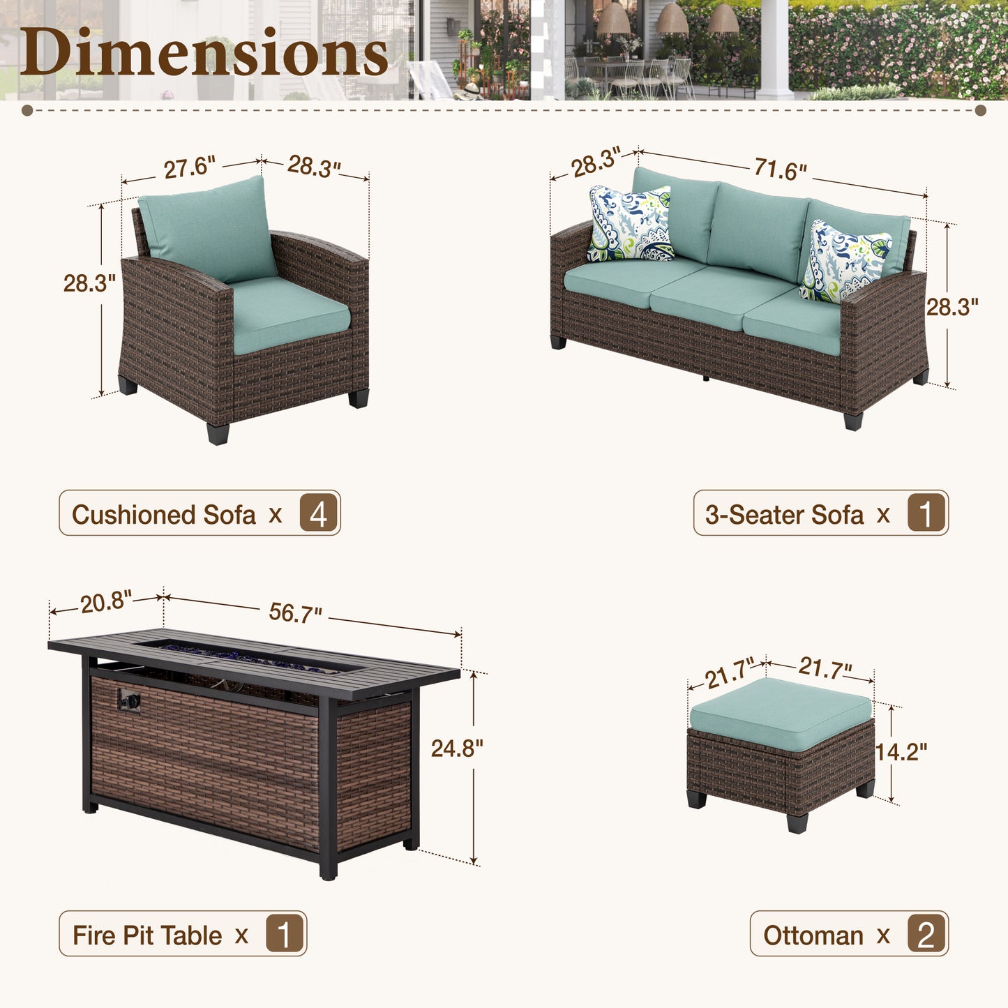 Captiva Designs 8pc Outdoor Patio Wicker Rattan Cushioned Fire Pit Set with Ottomans and Single Sofas