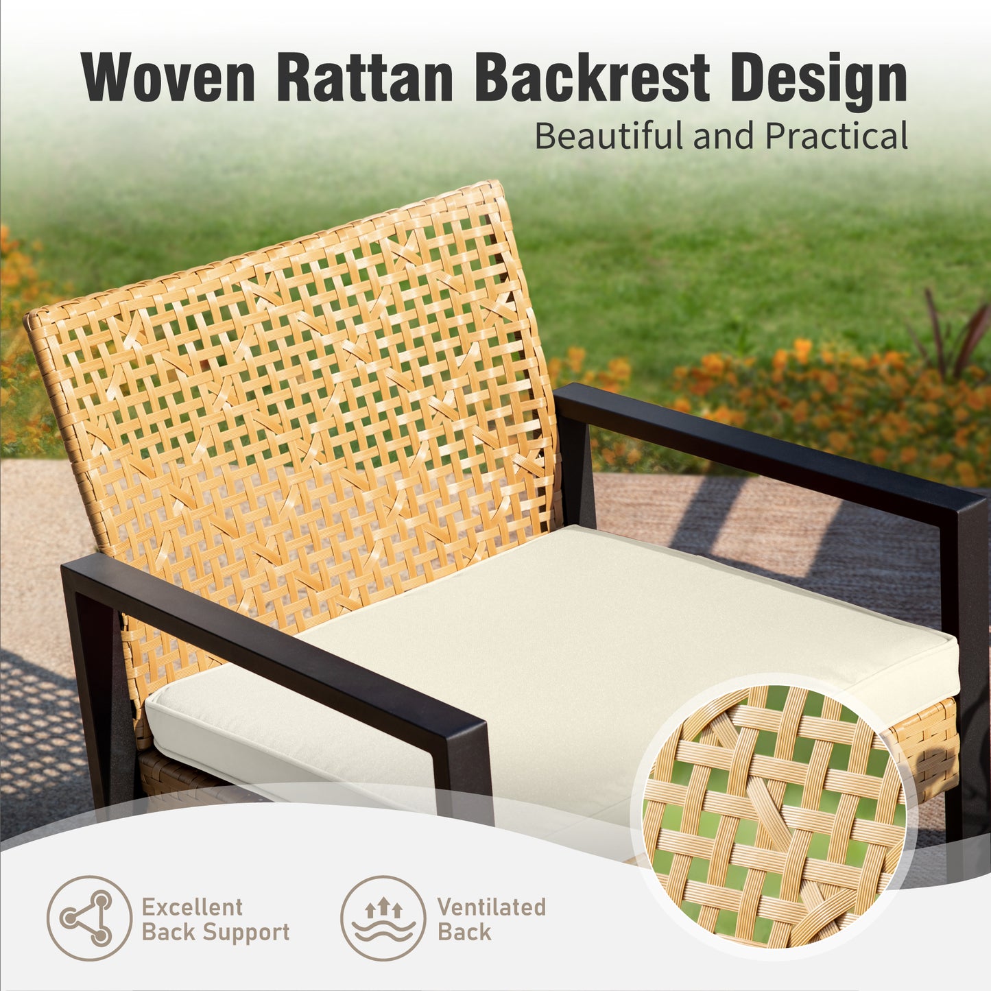 Captiva Designs Outdoor Patio 4 Pieces Wicker Porch Furniture Small Rattan Couch Set with Wood Table for Backyard