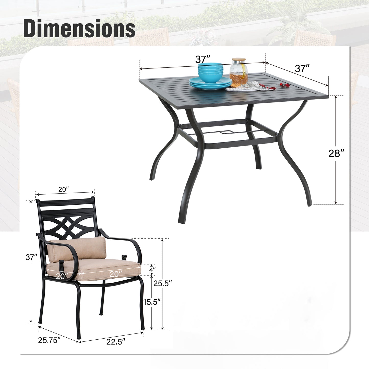 Captiva Designs 5pc Outdoor Dining Table & Metal Chairs with Thick Seat & Back Cushions