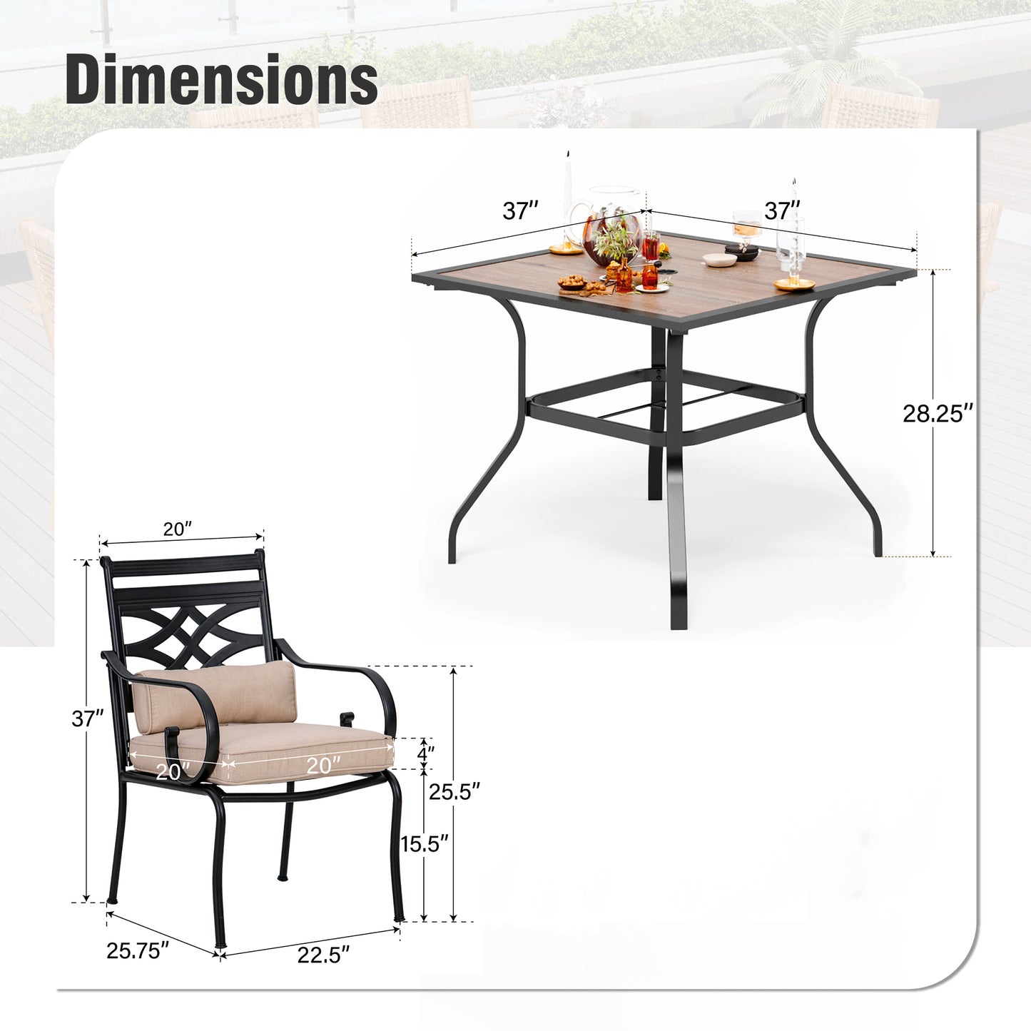 Captiva Designs 5pc Outdoor Dining Table & Metal Chairs with Thick Seat & Back Cushions